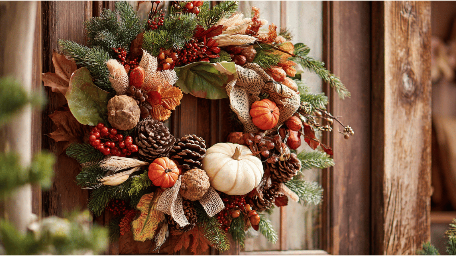 fall and winter wreath with pumpkins pinecones berries and greenery hanging on a rustic wooden front door outdoors (2)