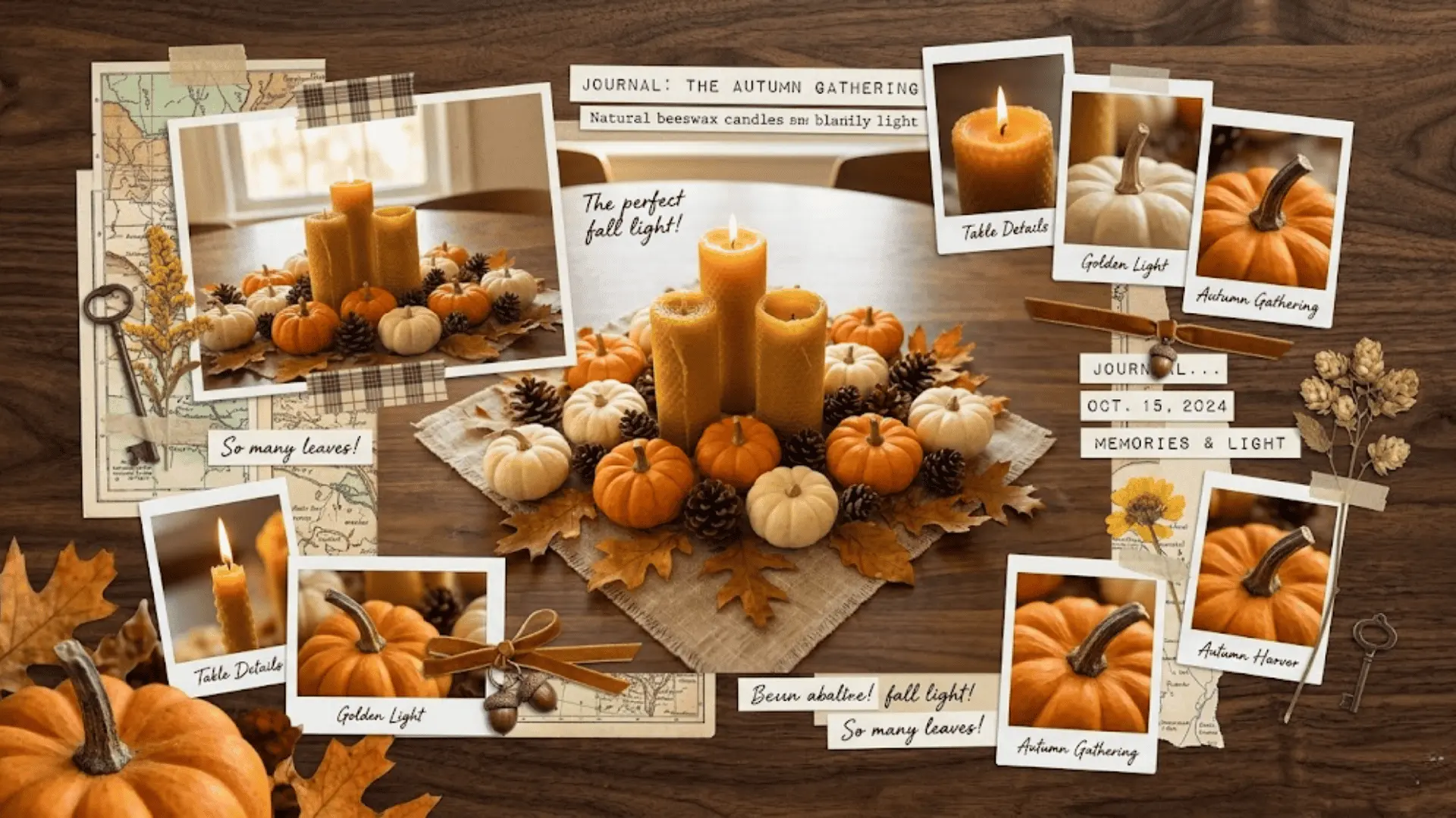 fall seasonal centerpiece with mini pumpkins dried leaves and pinecones on dark walnut dining table