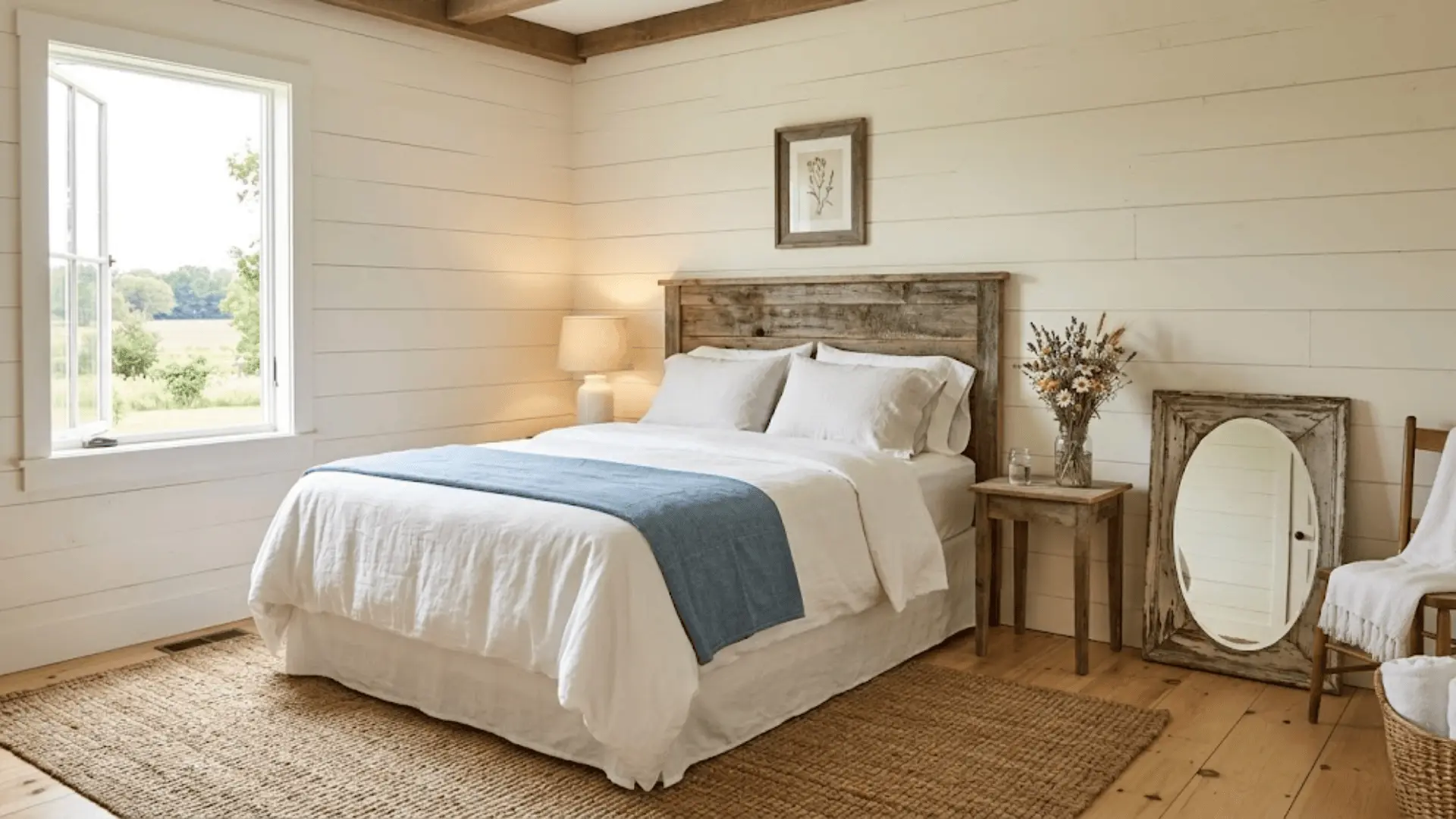 farmhouse guest bedroom with reclaimed wood headboard, shiplap walls, linen bedding, and jute rug