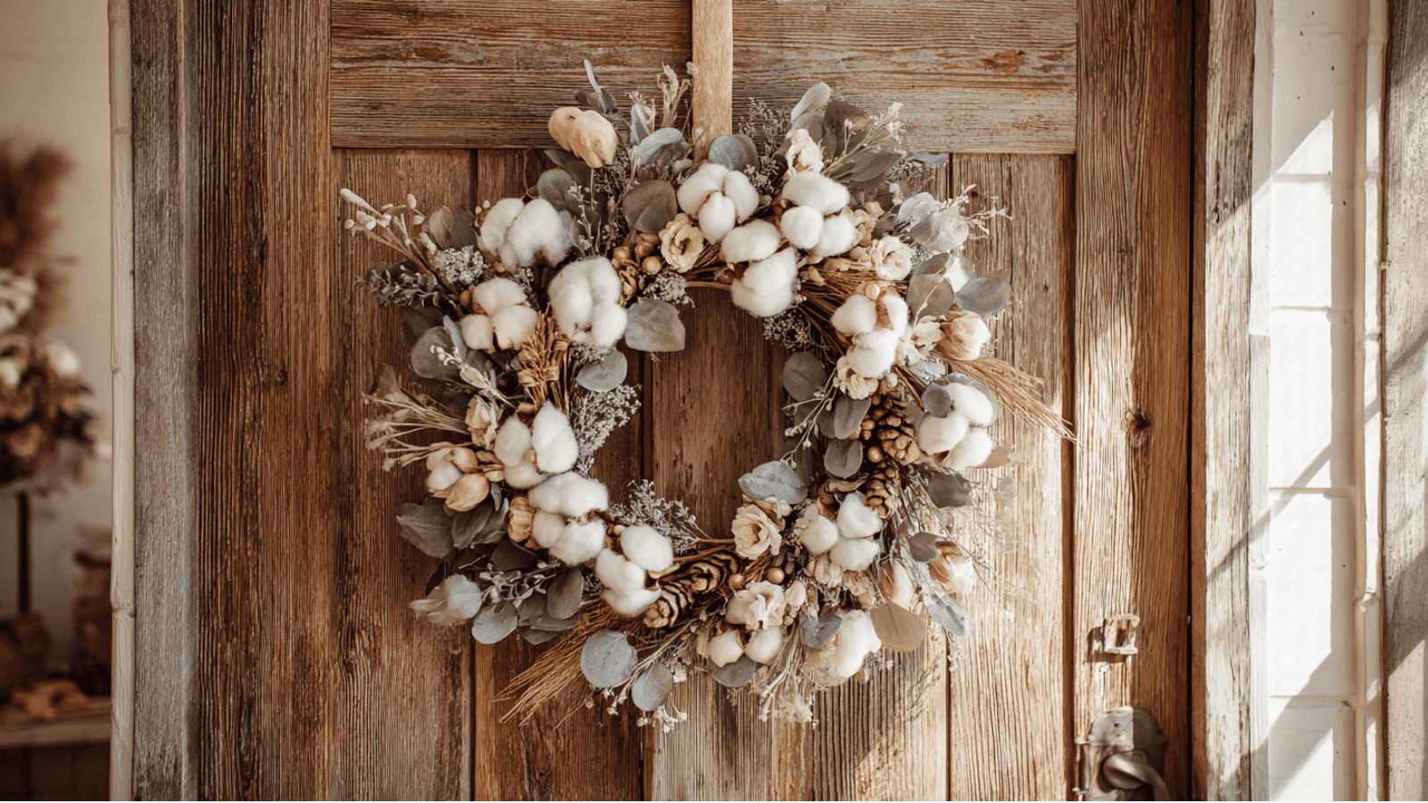 farmhouse wreath with cotton stems eucalyptus greenery and dried flowers hanging on a rustic wooden front door