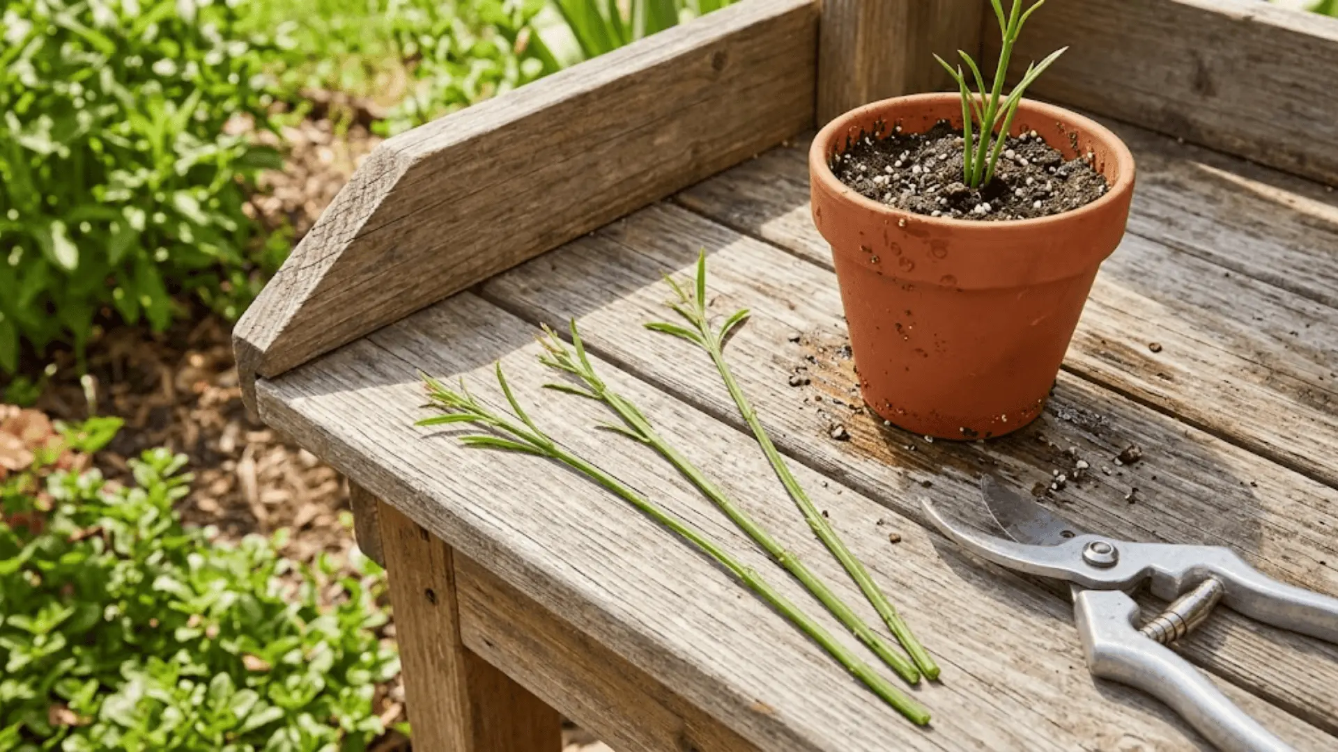firecracker plant stem cuttings with stripped lower leaves beside a small pot on a wooden potting bench