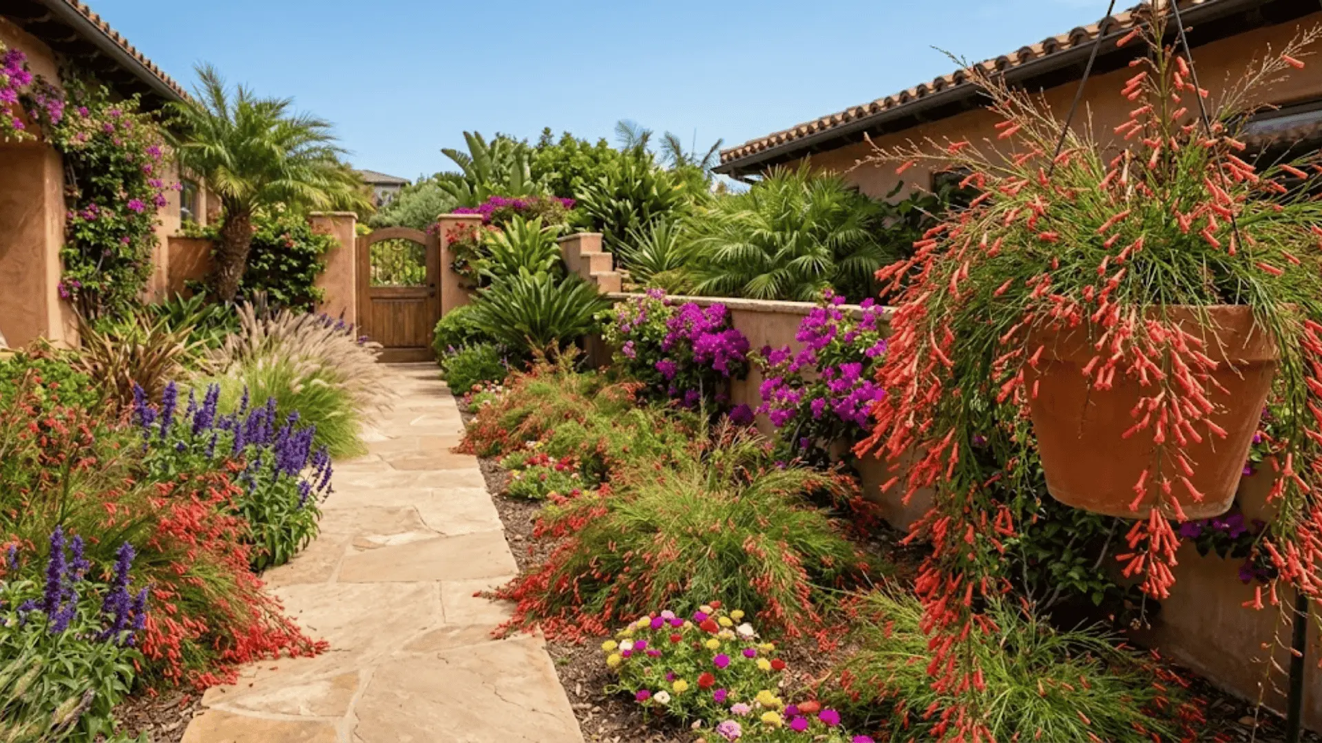 firecracker plant used in hanging baskets, garden borders, and ground cover in a sunny landscaped garden