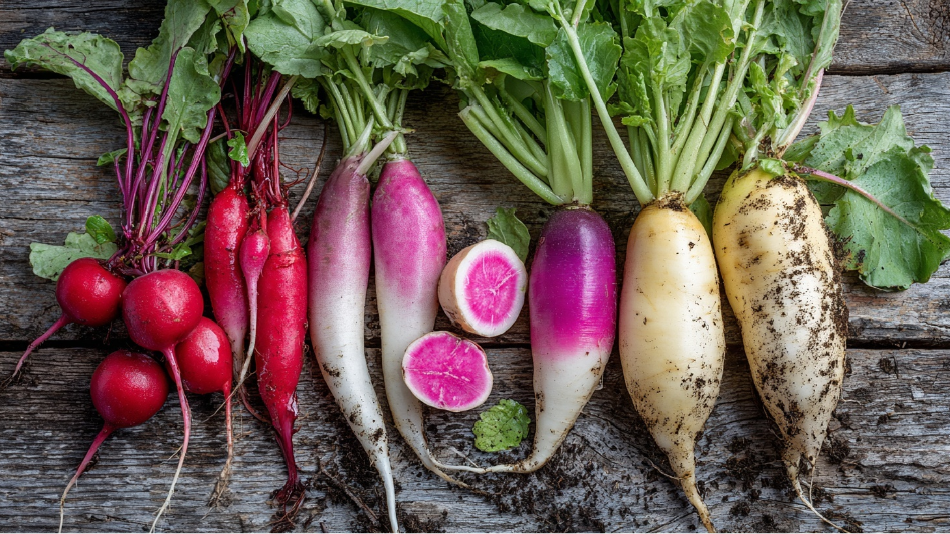 five freshly harvested radish varieties including Cherry Belle, French Breakfast, Easter Egg, Watermelon and Daikon arranged on a wooden surface showing different colours and sizes