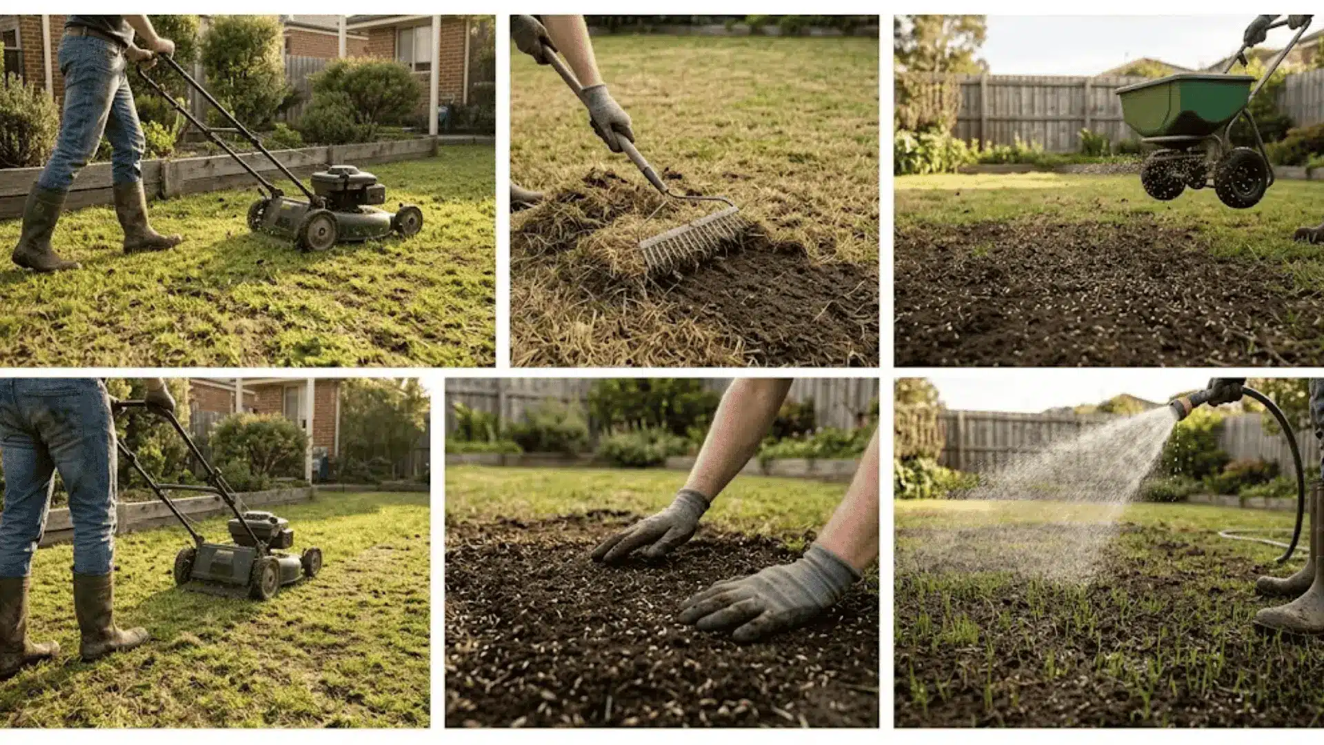 five-panel editorial photo documenting lawn reseeding from mowing and raking to seeding, covering, and watering