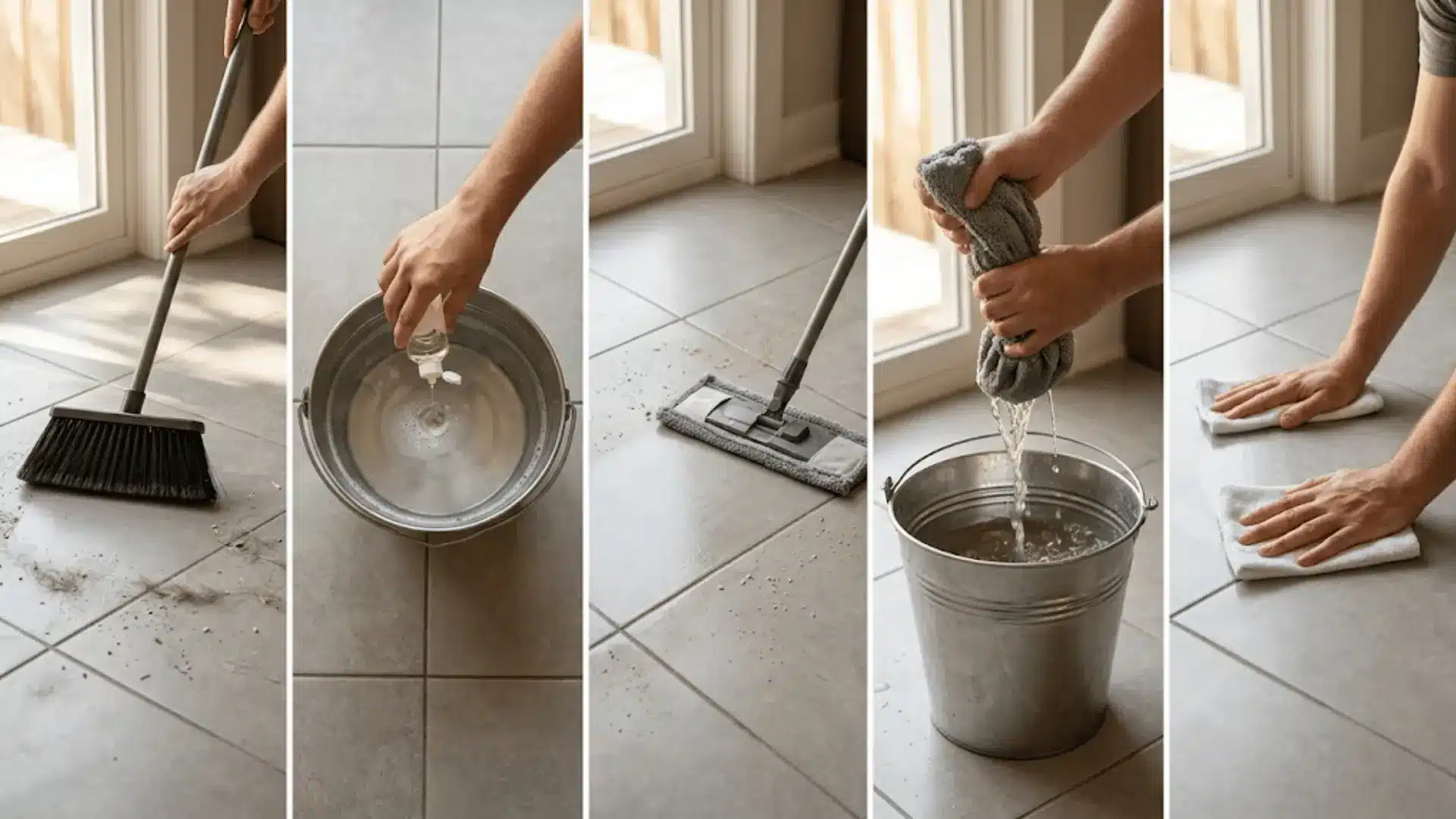 five-panel sequence showing tile floor cleaning steps from sweeping to drying with a microfiber cloth