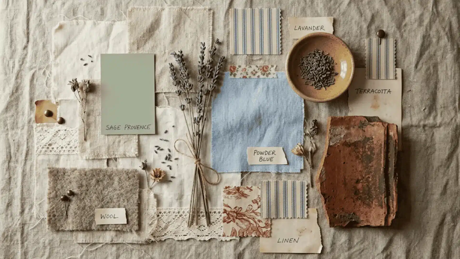 flat lay collage of french country color swatches, linen fabric scraps, dried lavender, and terracotta tile in muted tones