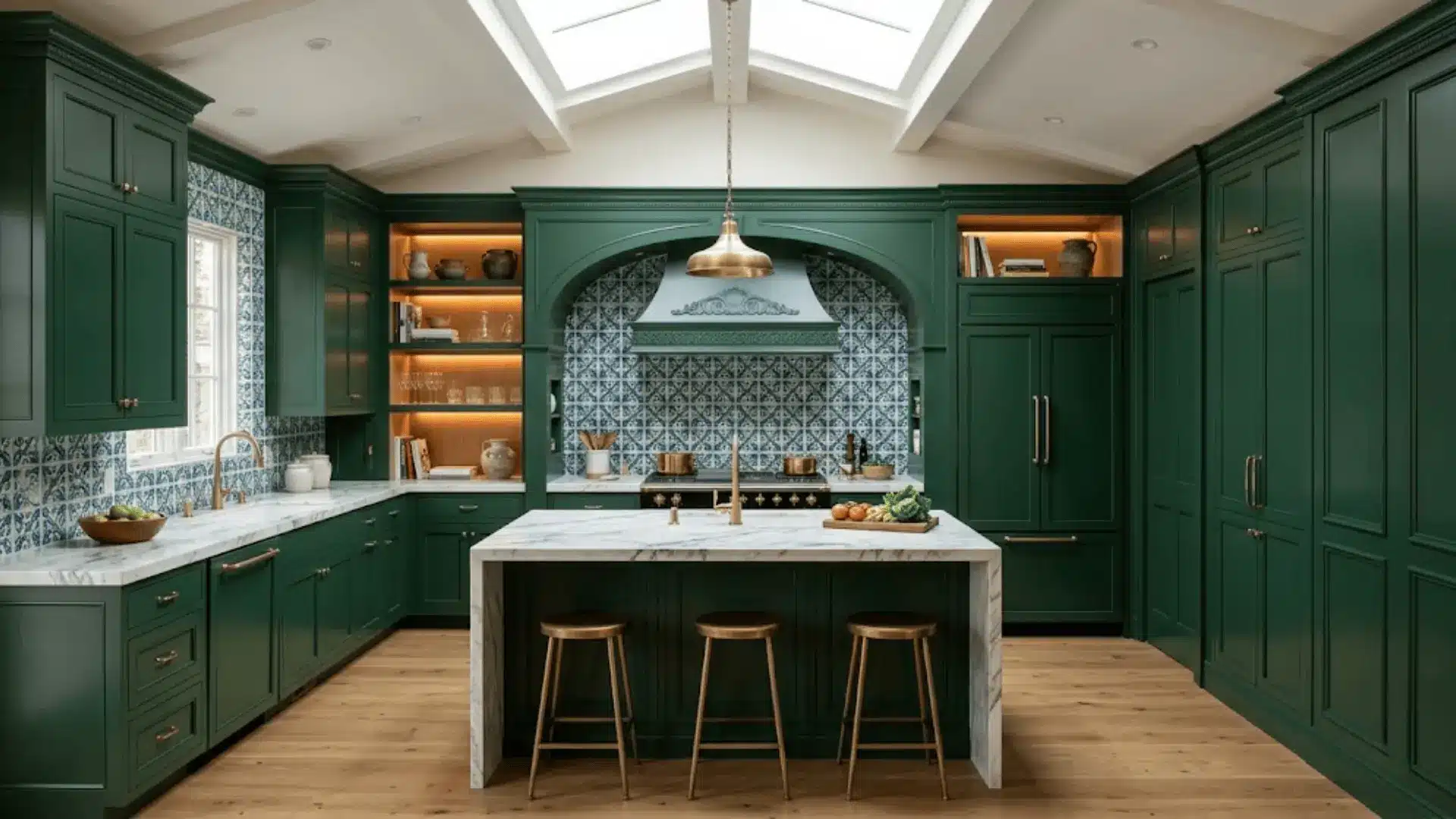 floor to ceiling forest green custom cabinets with brass hardware and marble countertops in a luxury kitchen