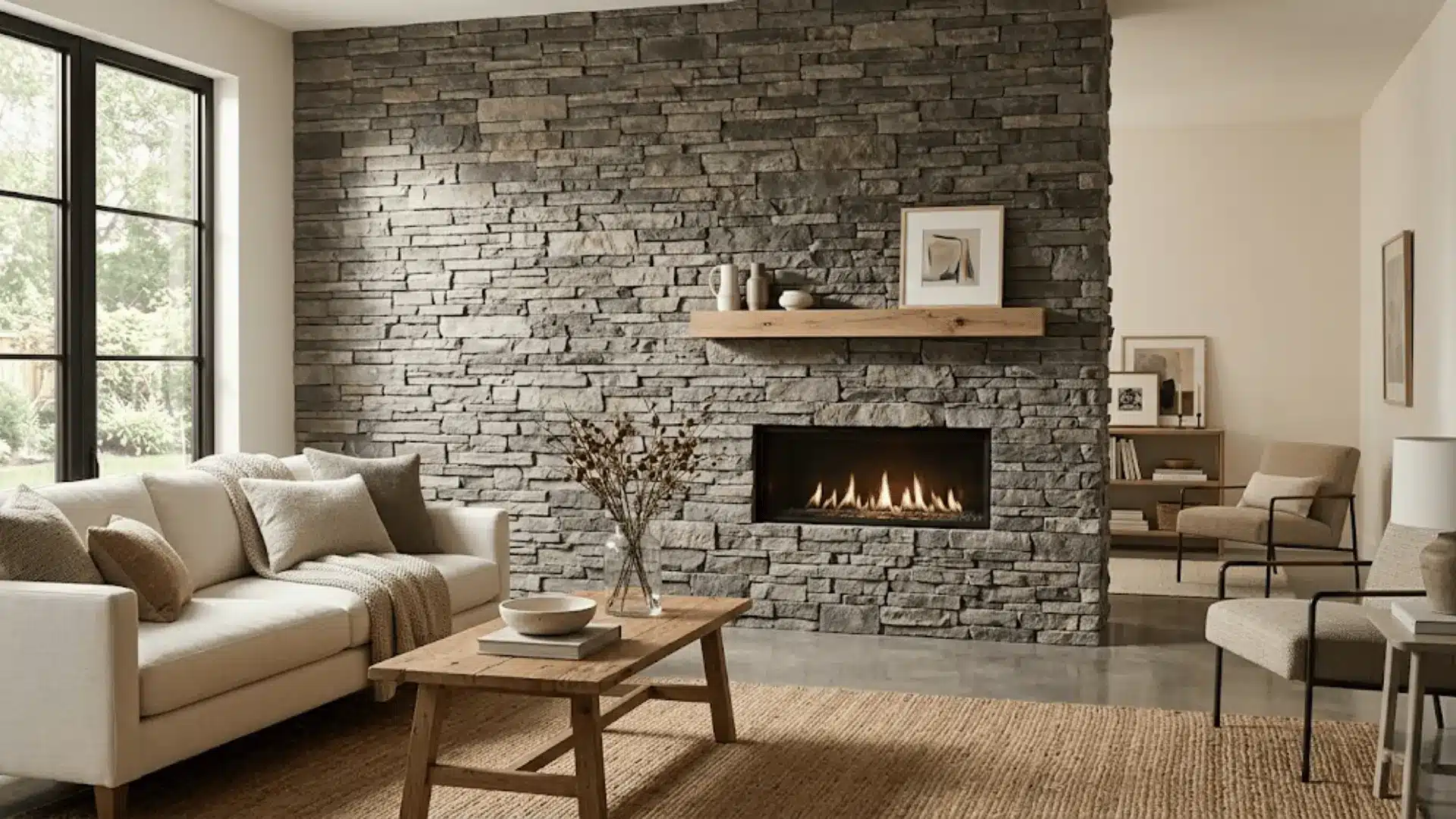 floor-to-ceiling stacked stone fireplace accent wall in a modern living room with natural light