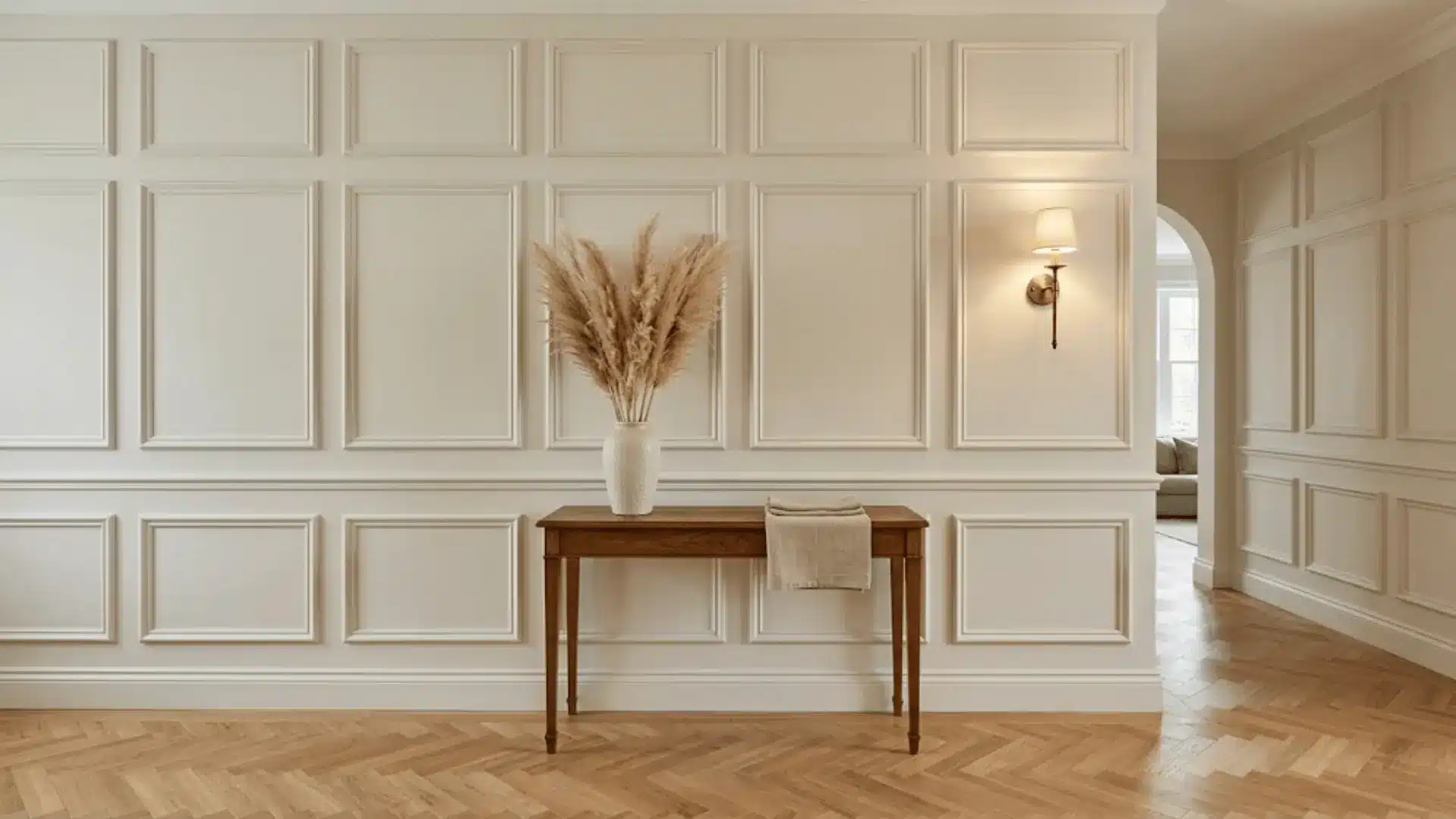 floor to ceiling white classic wall paneling with herringbone oak floor, brass sconce, and dried pampas