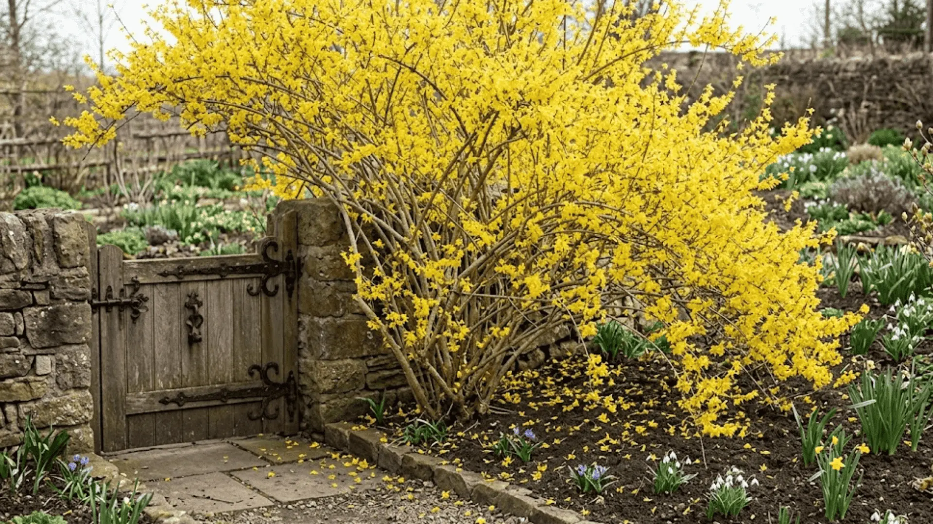 forsythia shrub with arching canes covered in bright yellow flowers in early spring garden