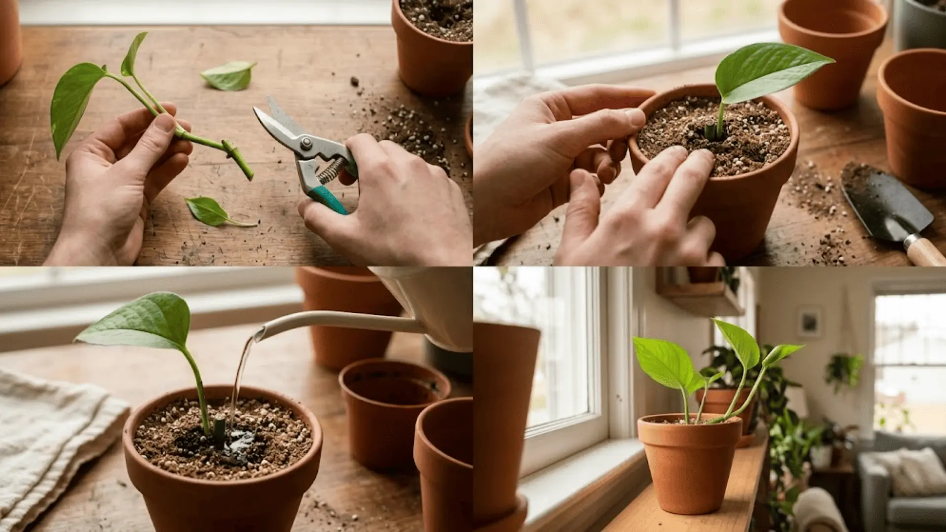 four-panel editorial photo showing pothos soil propagation from preparing cuttings to planting and early growth