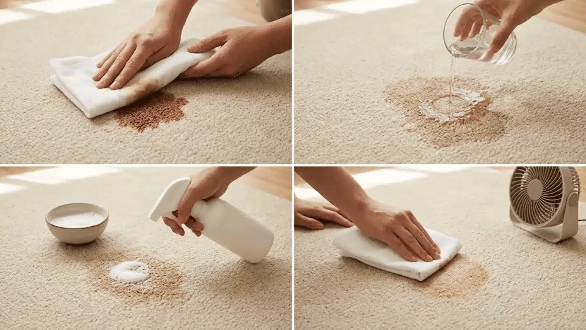 four step process of blotting and treating a fresh coffee stain on beige carpet with cloth and water