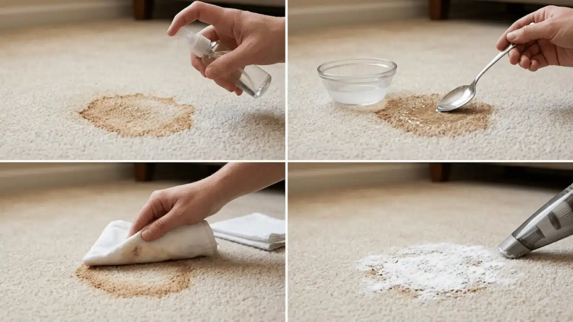 four step process of rehydrating and lifting a dried coffee stain from beige carpet using vinegar and baking soda