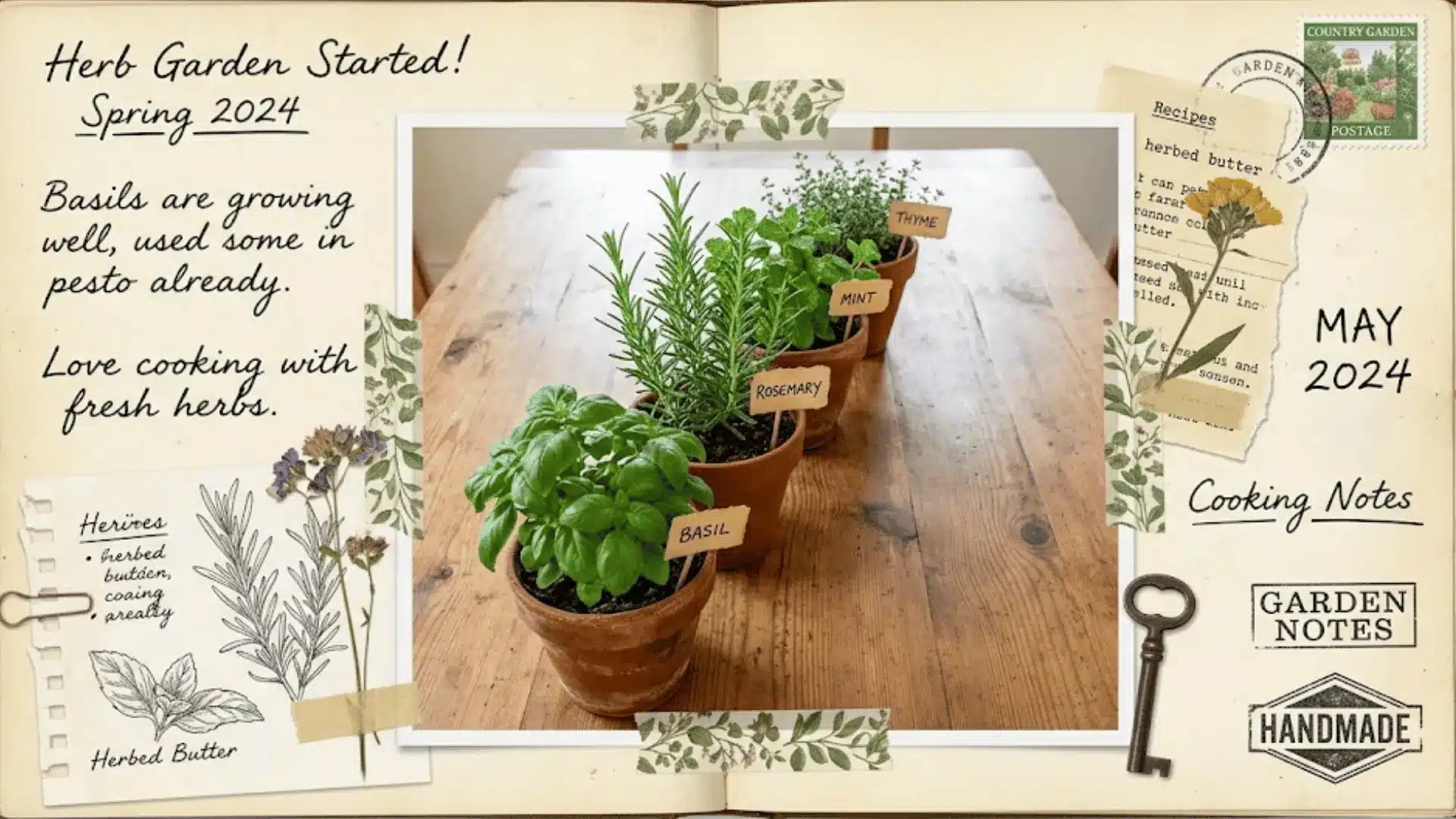four terracotta herb pots with basil rosemary mint and thyme as functional dining table centerpiece