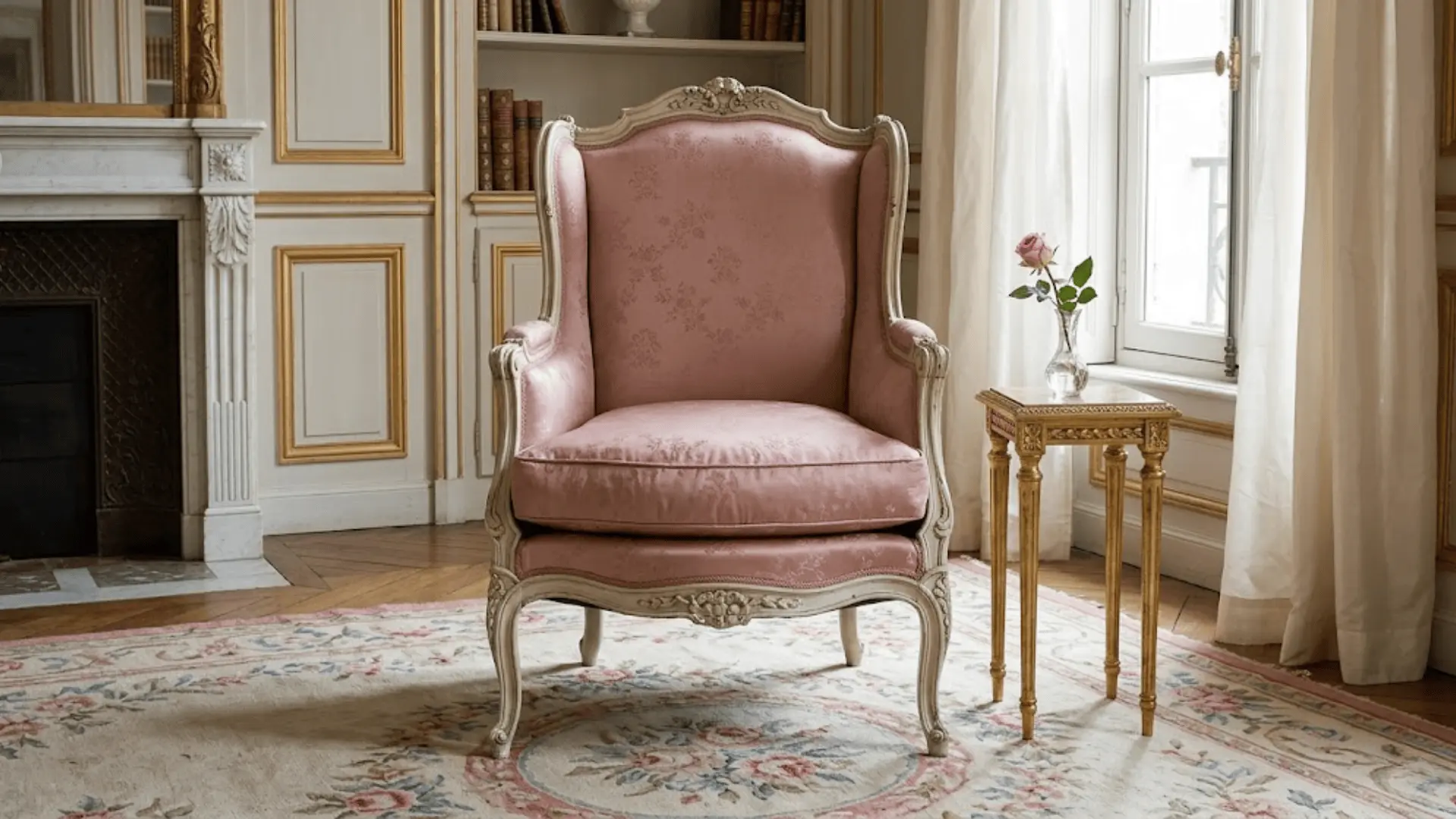 french bergère chair in dusty rose silk with carved off-white walnut frame on an aubusson rug in a classical interior