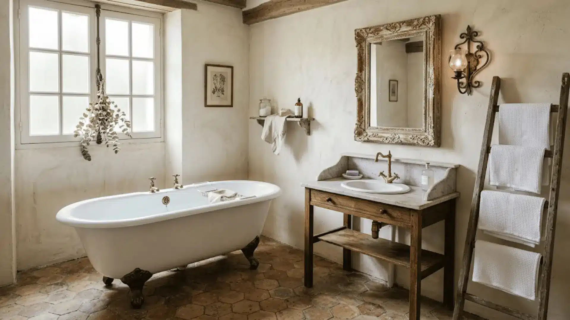 french country bathroom with clawfoot tub, distressed mirror, wrought iron sconce, and dried eucalyptus on hexagonal tile floor