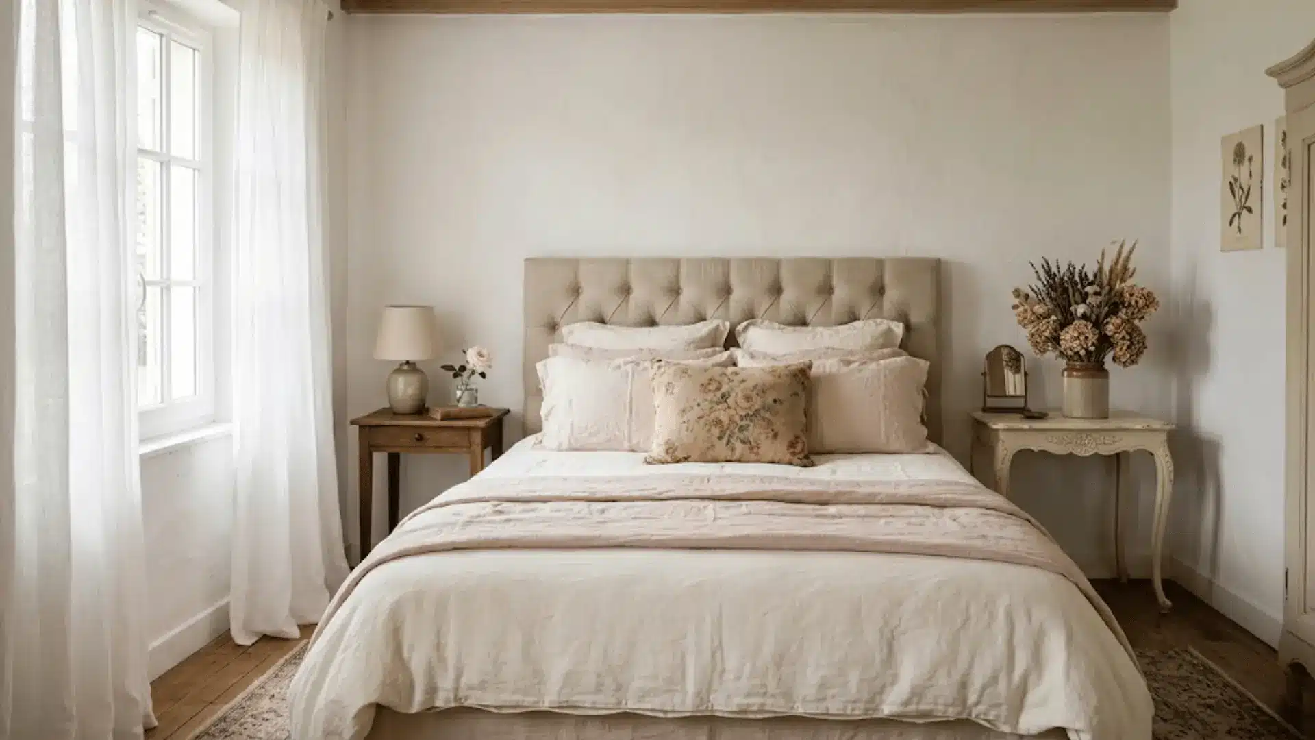 french country bedroom with tufted linen headboard, layered cream bedding, vintage nightstands, and dried florals in morning light
