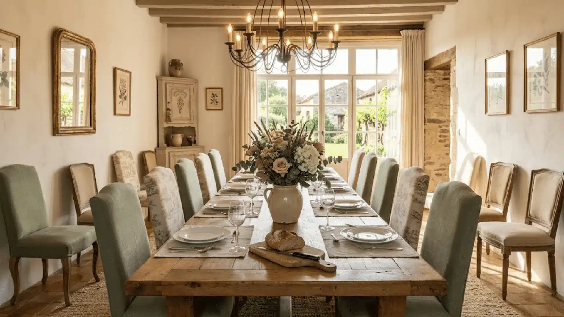 french country dining room with oak table, upholstered chairs, floral centerpiece, and wrought iron chandelier in afternoon light