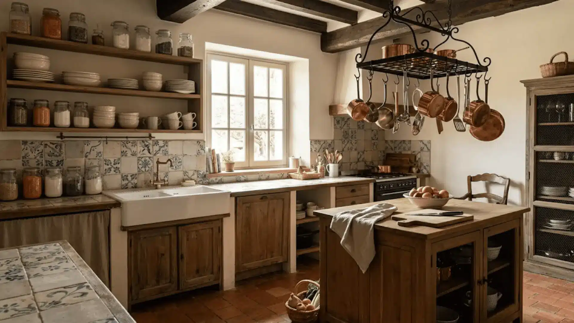 french country kitchen with open shelving, copper cookware, farmhouse sink, stone tile backsplash, and terracotta floor
