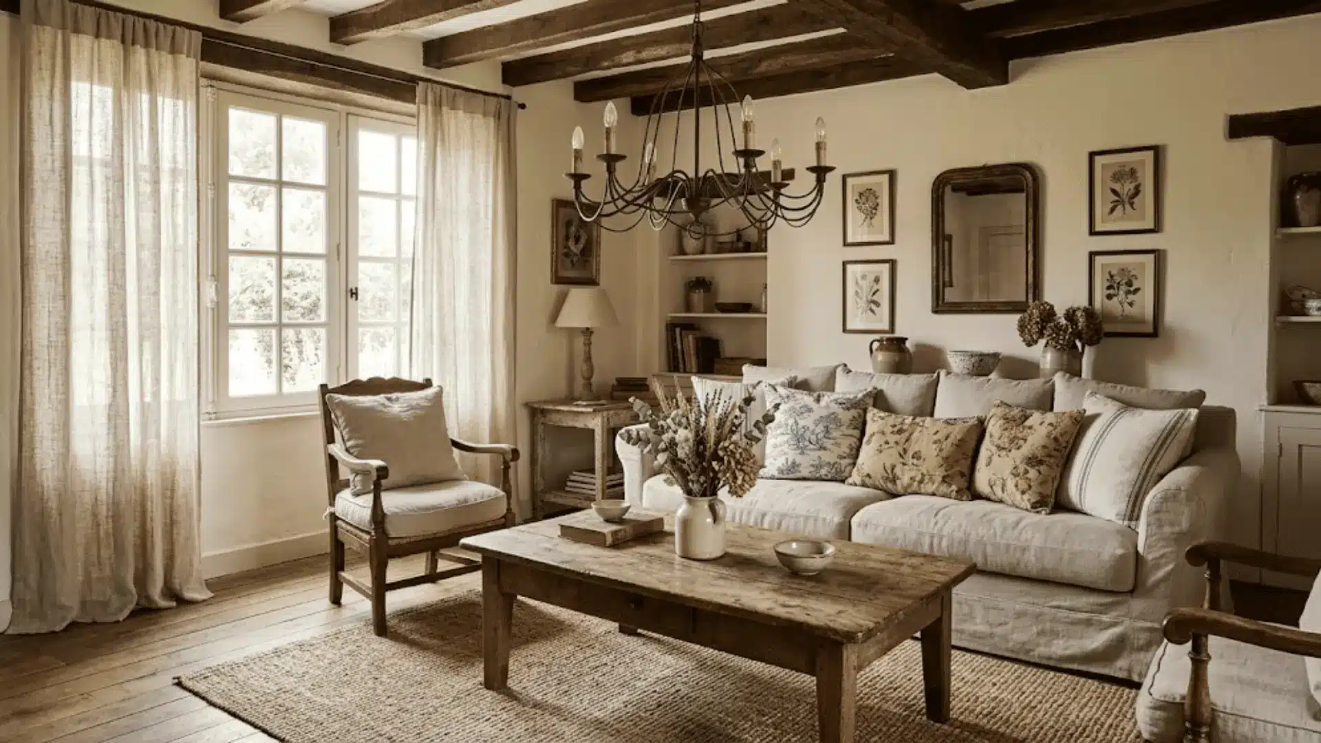 french country living room with linen sofa, wrought iron chandelier, toile cushions, and dried florals in natural daylight
