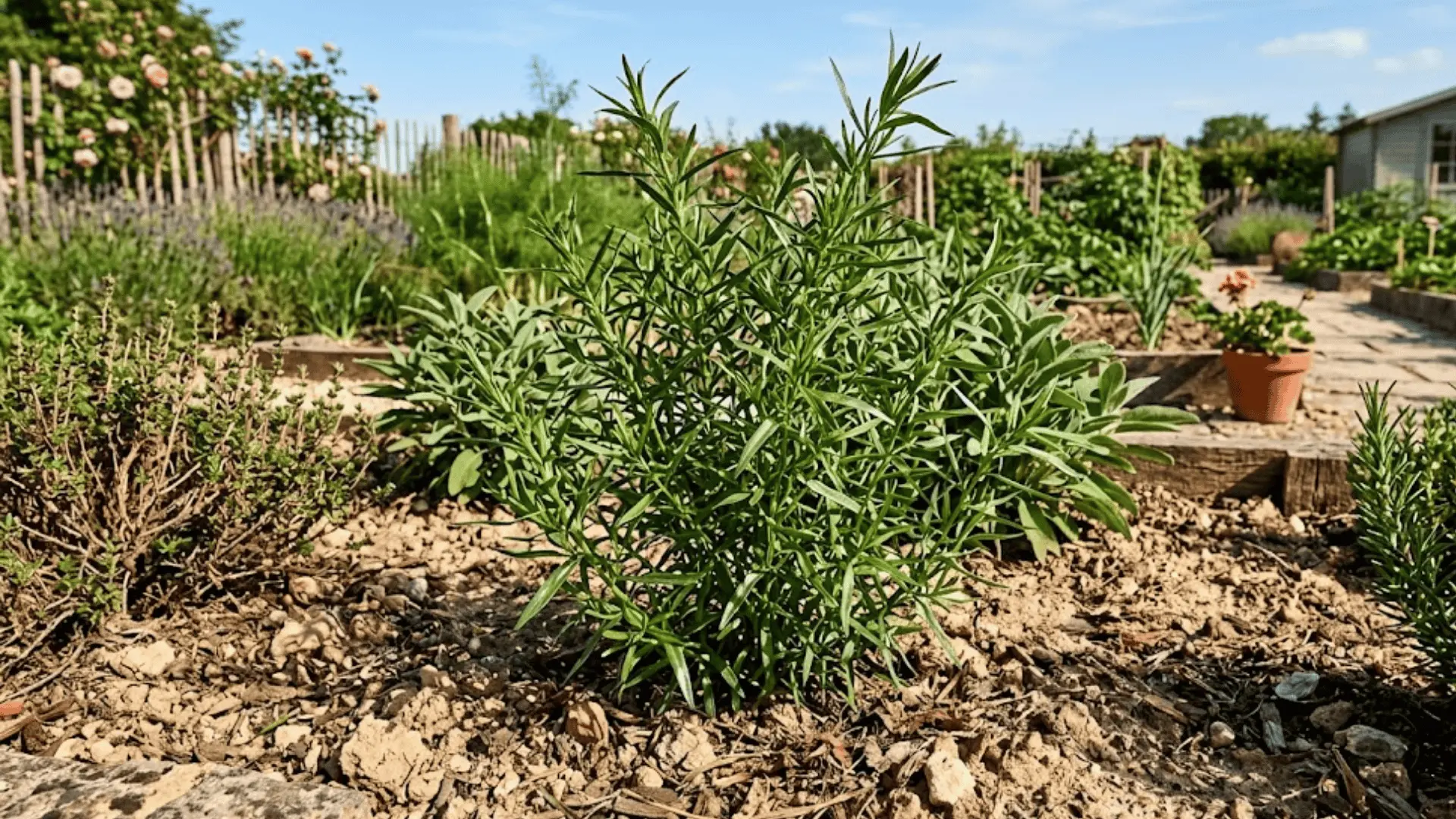 french tarragon plant with slender glossy green leaves and fine branching stems in dry warm garden soil