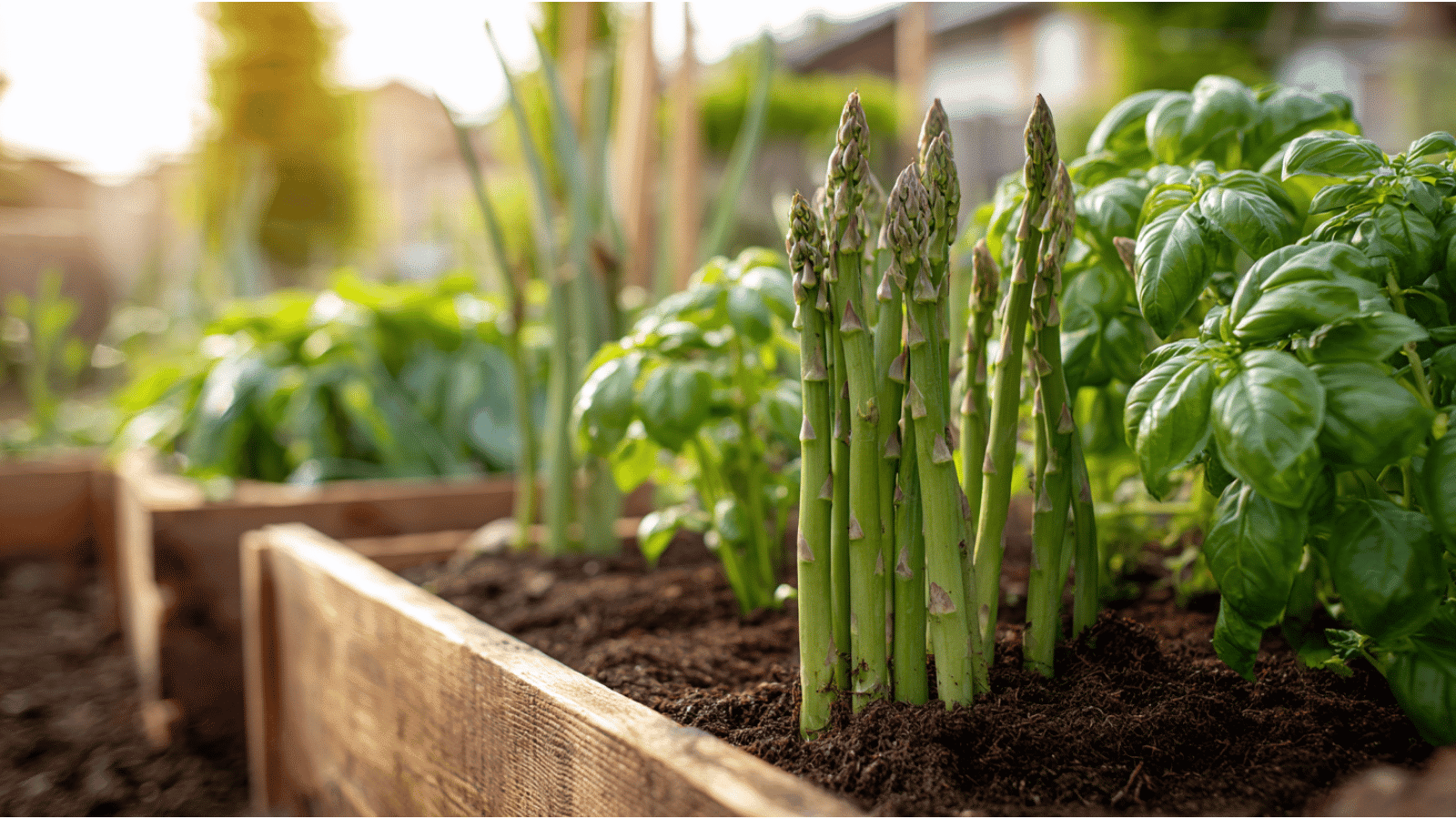 Fresh asparagus and basil growing in raised wooden beds with dark mulch.