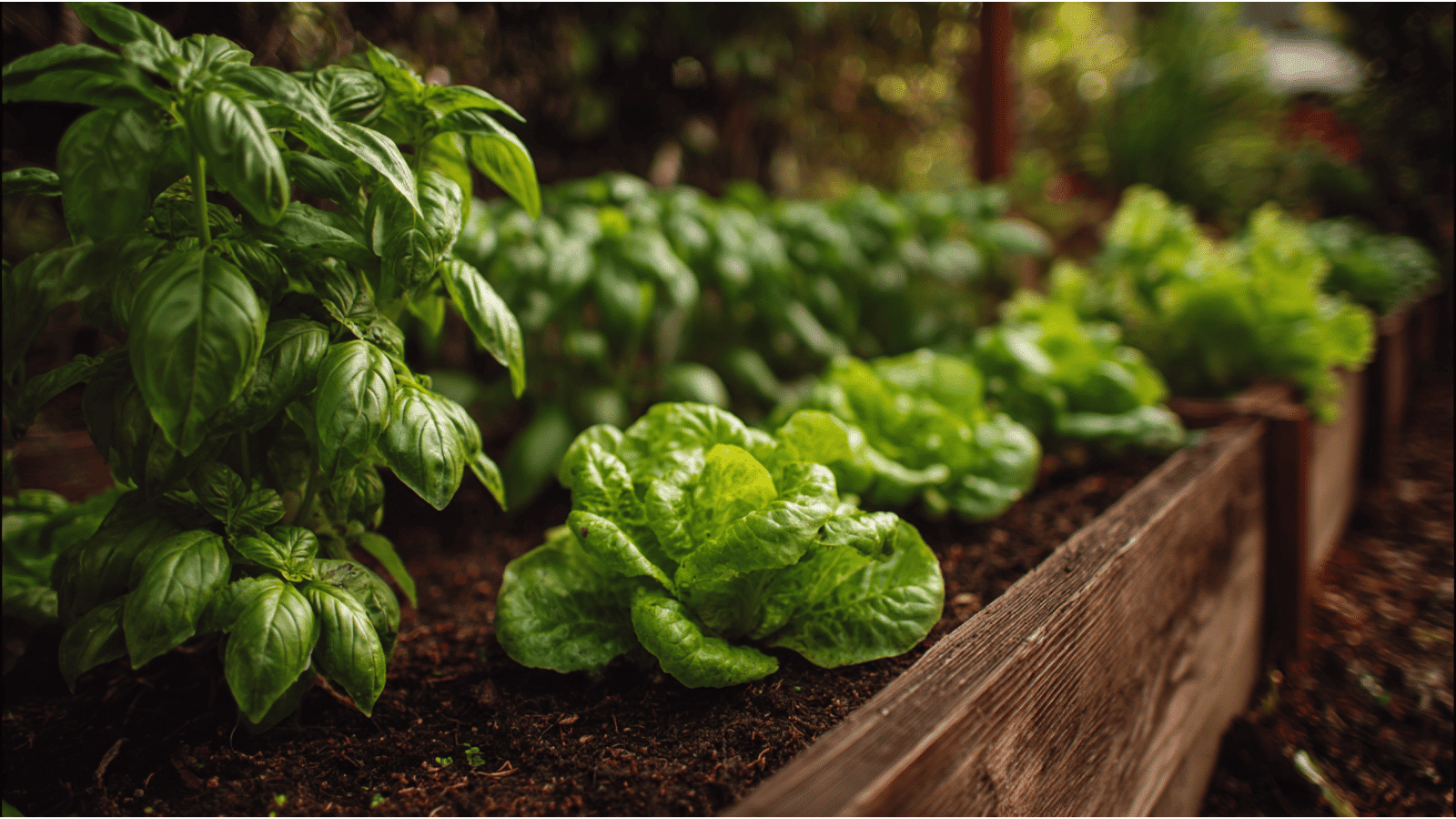Fresh basil and crisp lettuce growing together in a wooden raised garden bed with rich soil.