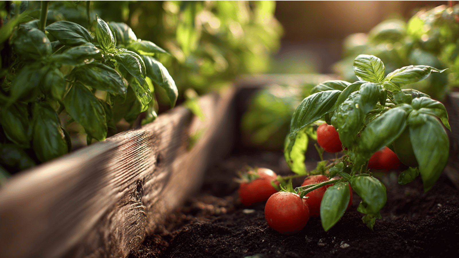 Fresh basil and ripe tomatoes growing together in a wooden raised bed with rich soil and warm sunlight.