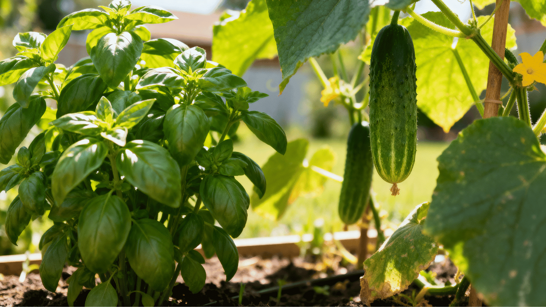 fresh basil plants growing beside cucumber vines in a sunny raised garden bed with healthy green summer foliage.