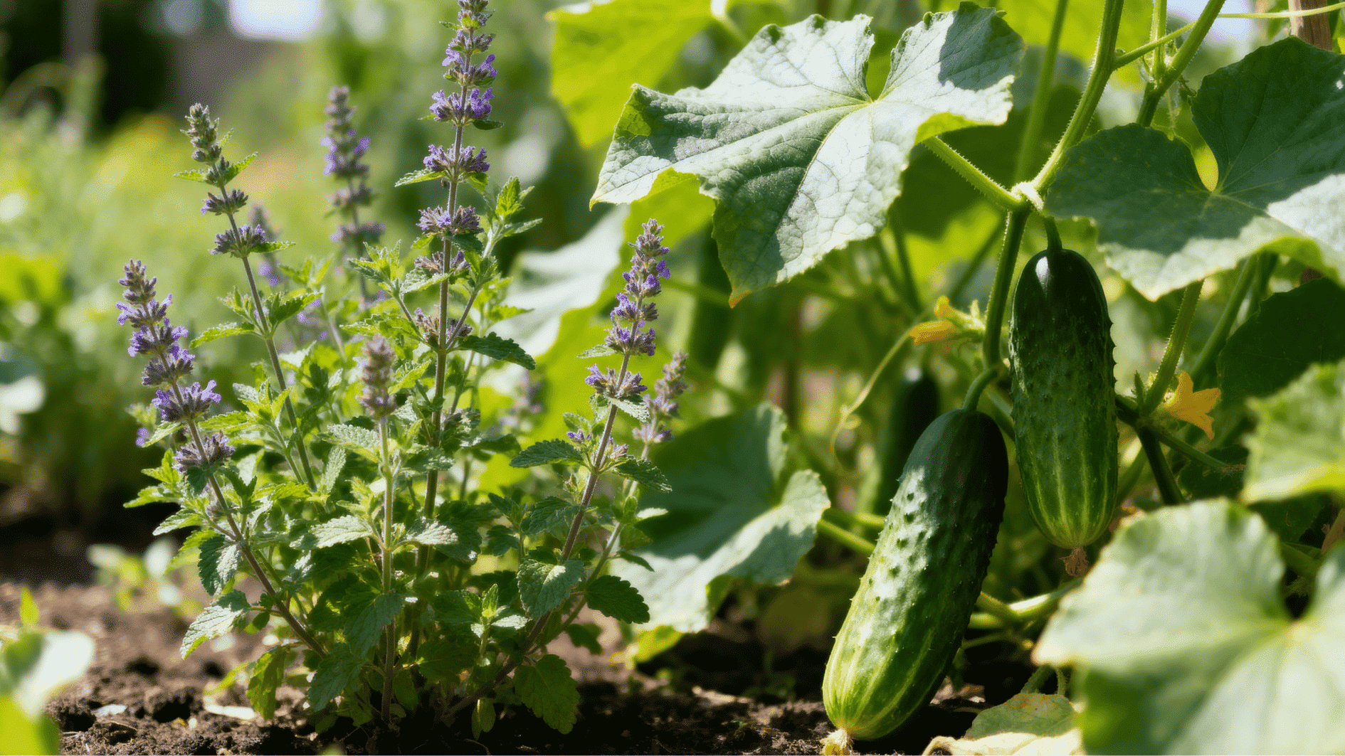 fresh catnip plants growing beside cucumber vines in rich garden soil with healthy green summer foliage.