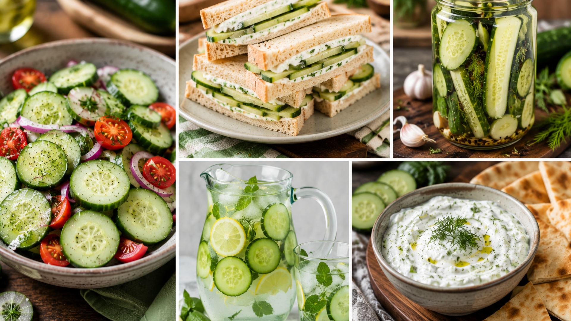 fresh cucumber recipe collage with salad sandwiches pickles infused water and creamy yogurt dip on kitchen table
