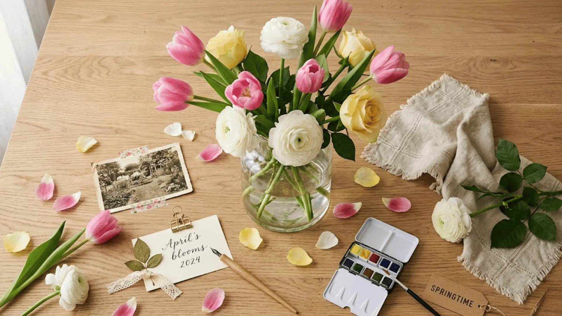 fresh flower arrangement centerpiece on dining table with pink tulips and white ranunculus in glass vase