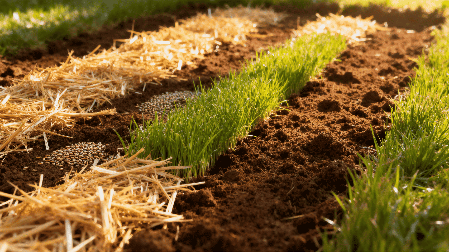 fresh grass seed covered with straw mulch growing in rich soil under warm sunlight in a realistic backyard lawn setting.