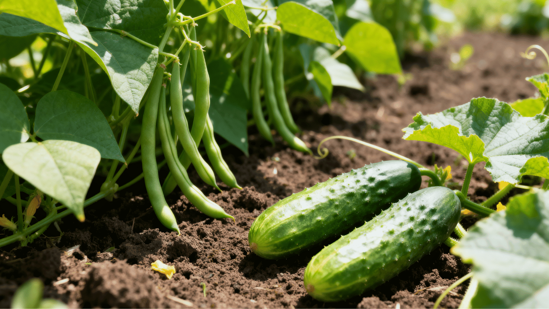 fresh green bean plants growing beside cucumber vines in rich garden soil under bright natural summer sunlight.