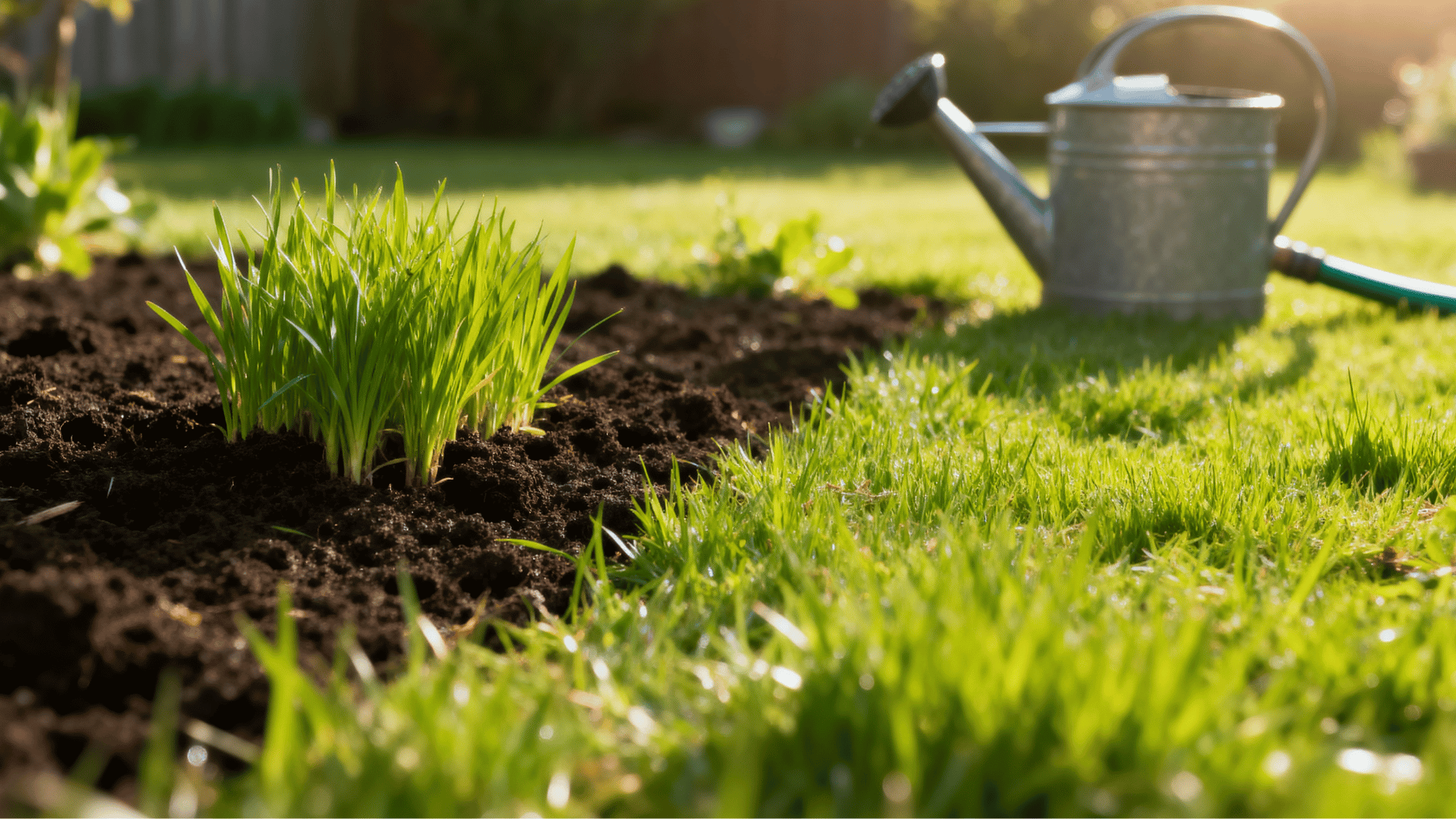 fresh green grass sprouts growing in rich soil beside a watering can in a sunny backyard lawn care setting.
