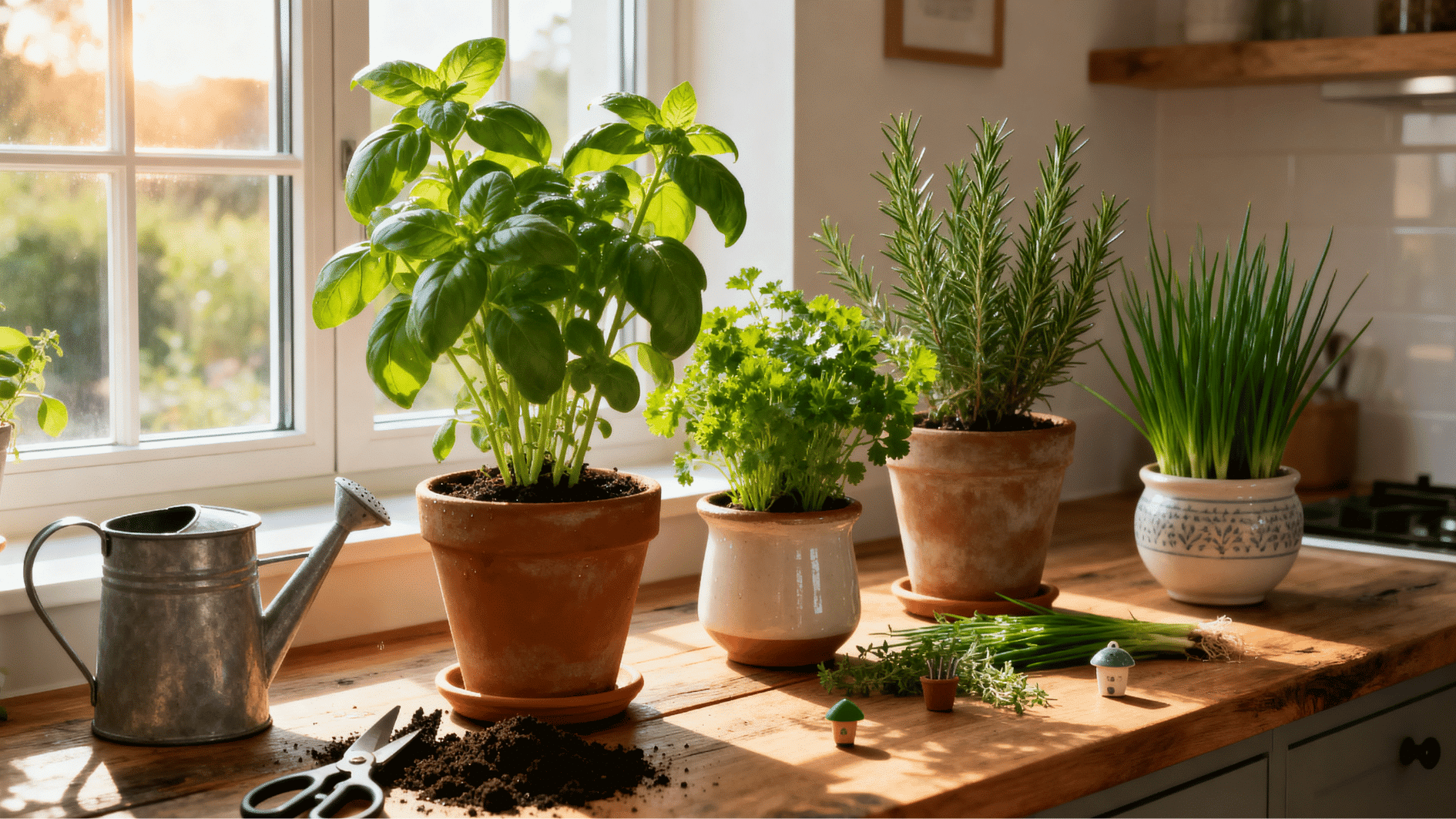 fresh indoor herbs in clay pots on a sunlit kitchen counter with gardening tools and warm cozy home garden atmosphere.