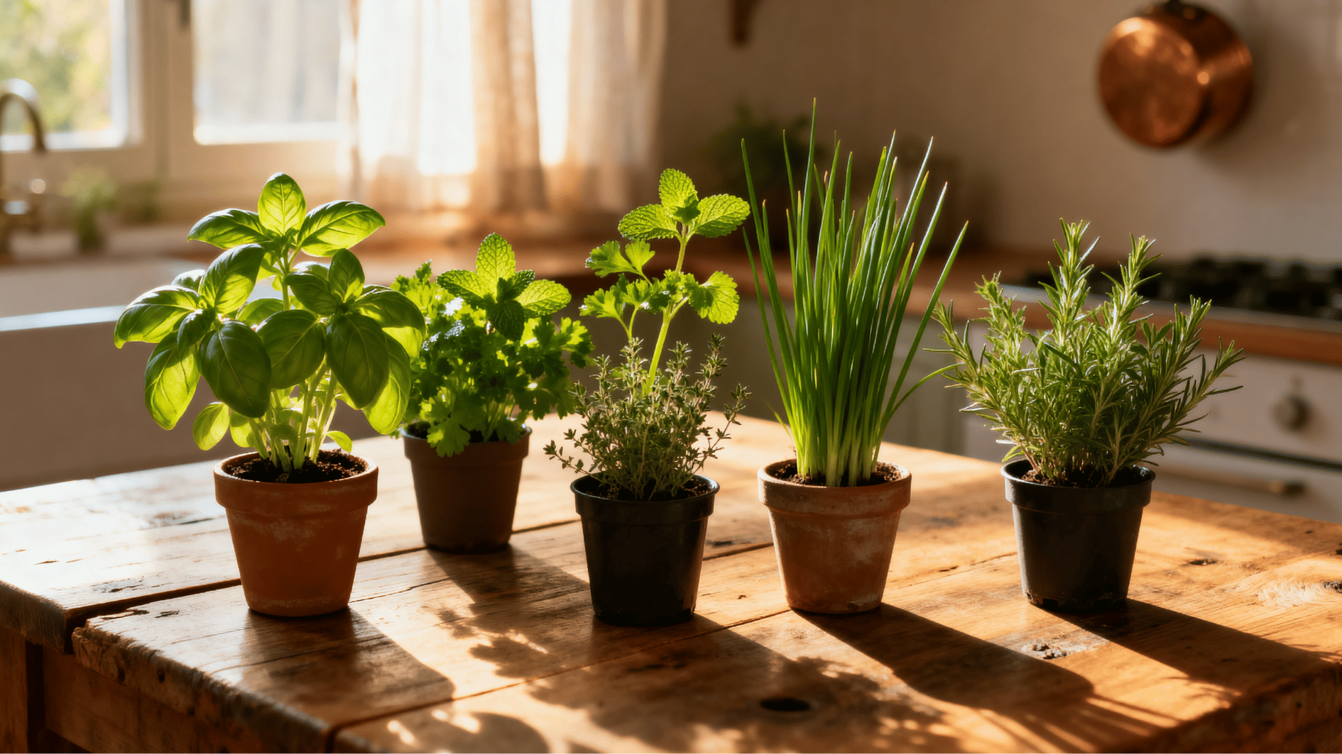 fresh indoor herbs in small pots placed on a rustic wooden table inside a warm sunlit kitchen with cozy gardening vibes. (1)