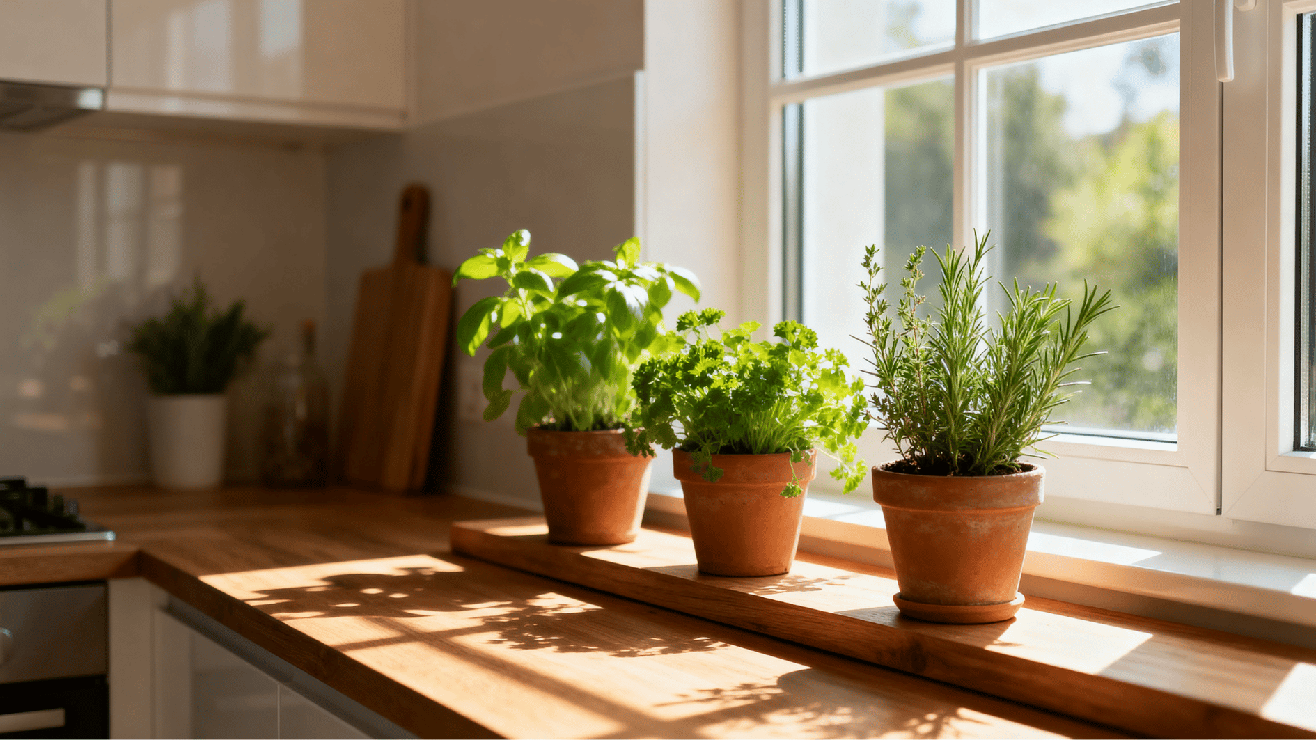 fresh indoor herbs in small pots placed on a rustic wooden table inside a warm sunlit kitchen with cozy gardening vibes.