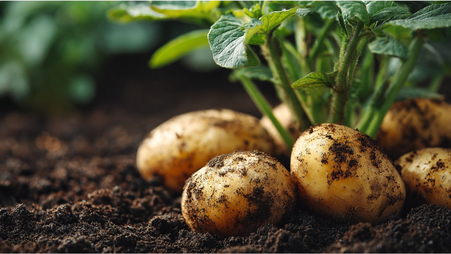 freshly harvested potatoes with soil clinging to the skin next to a potato plant in the garden
