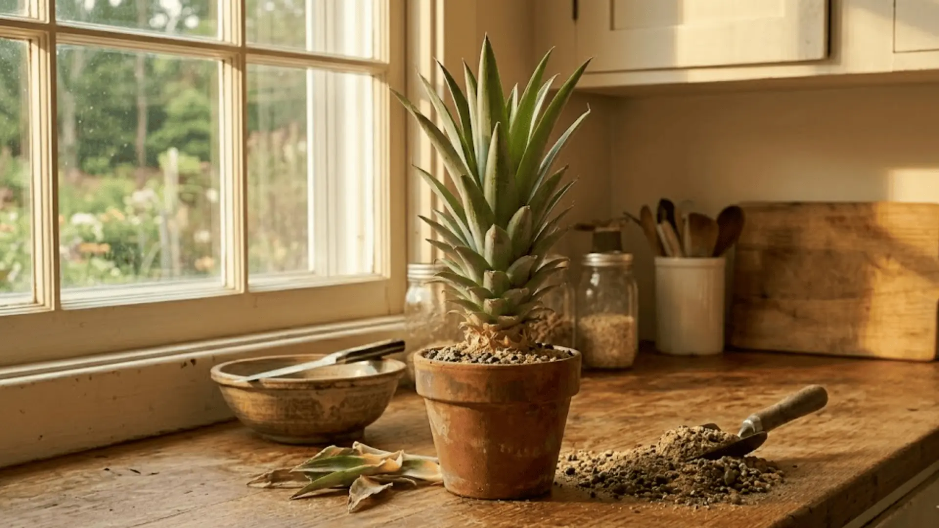 freshly planted pineapple crown in a terracotta pot on a wooden counter beside a bright sunlit window