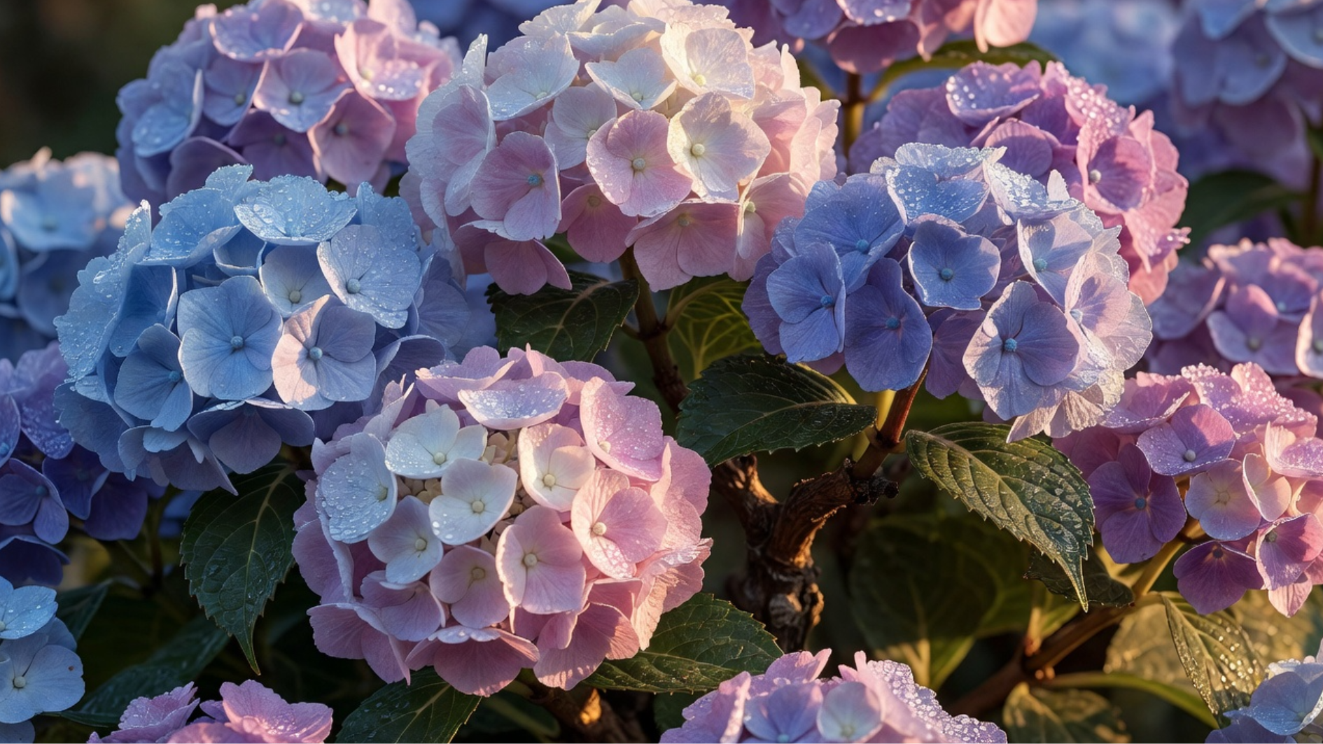 full hydrangea bush in bloom with blue pink and purple flowers covered in morning dew in a garden