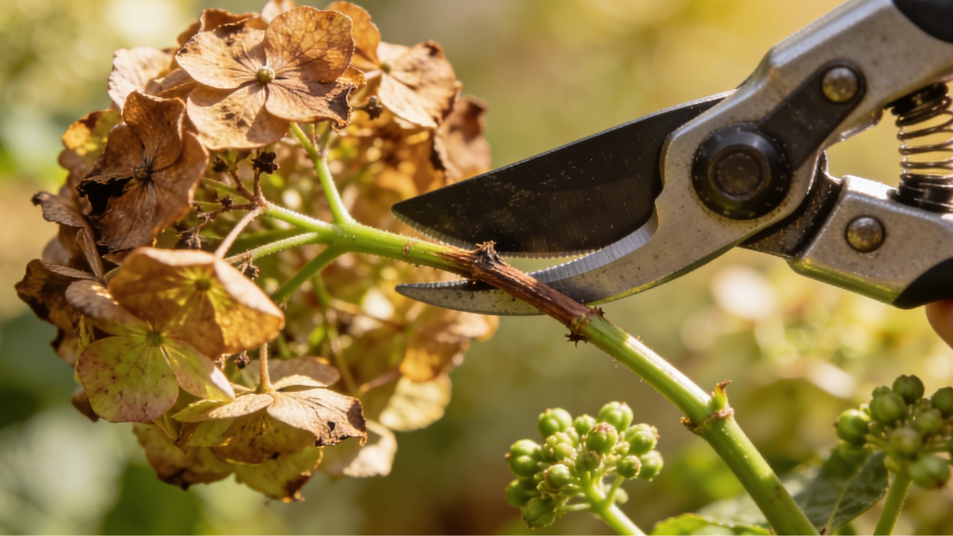 garden shears cutting a dead brown stem from a hydrangea bush