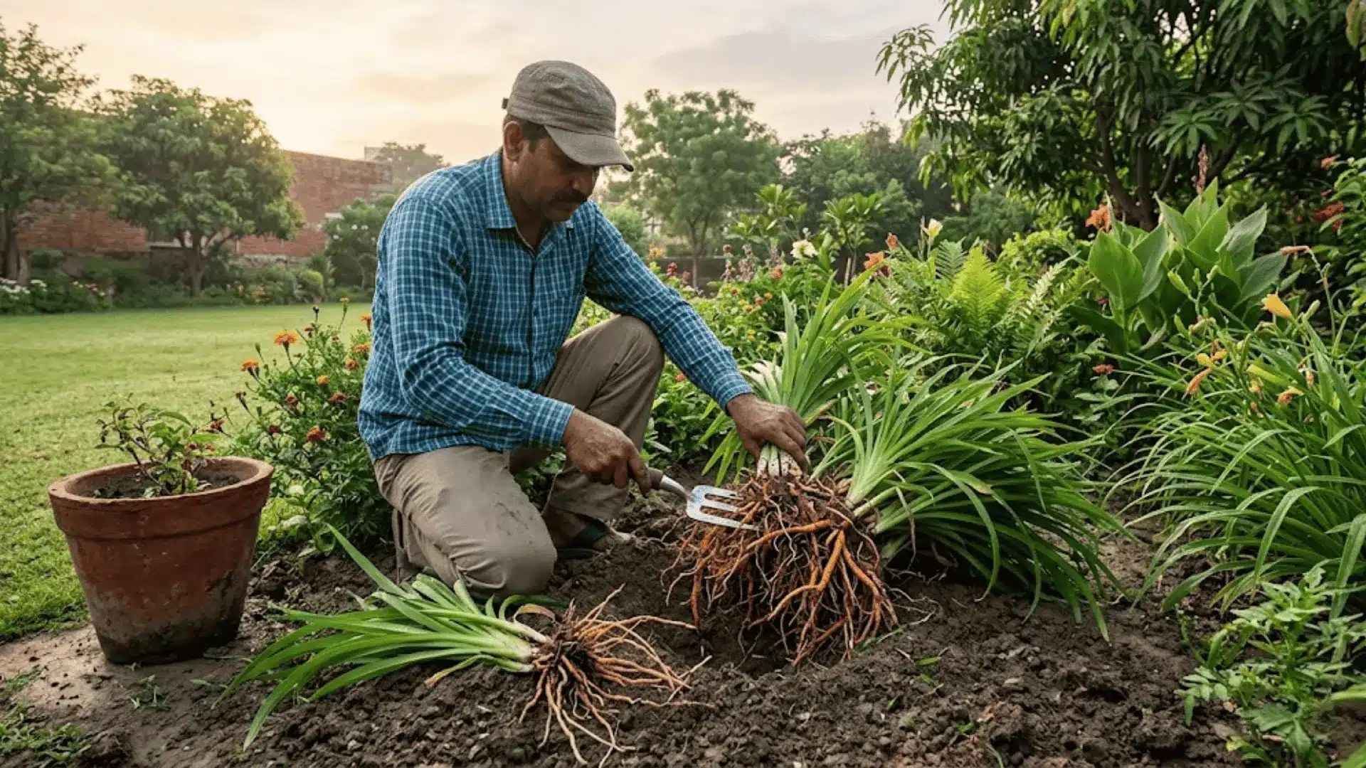 gardener dividing an overcrowded daylily clump with bare hands and garden fork in an outdoor garden bed