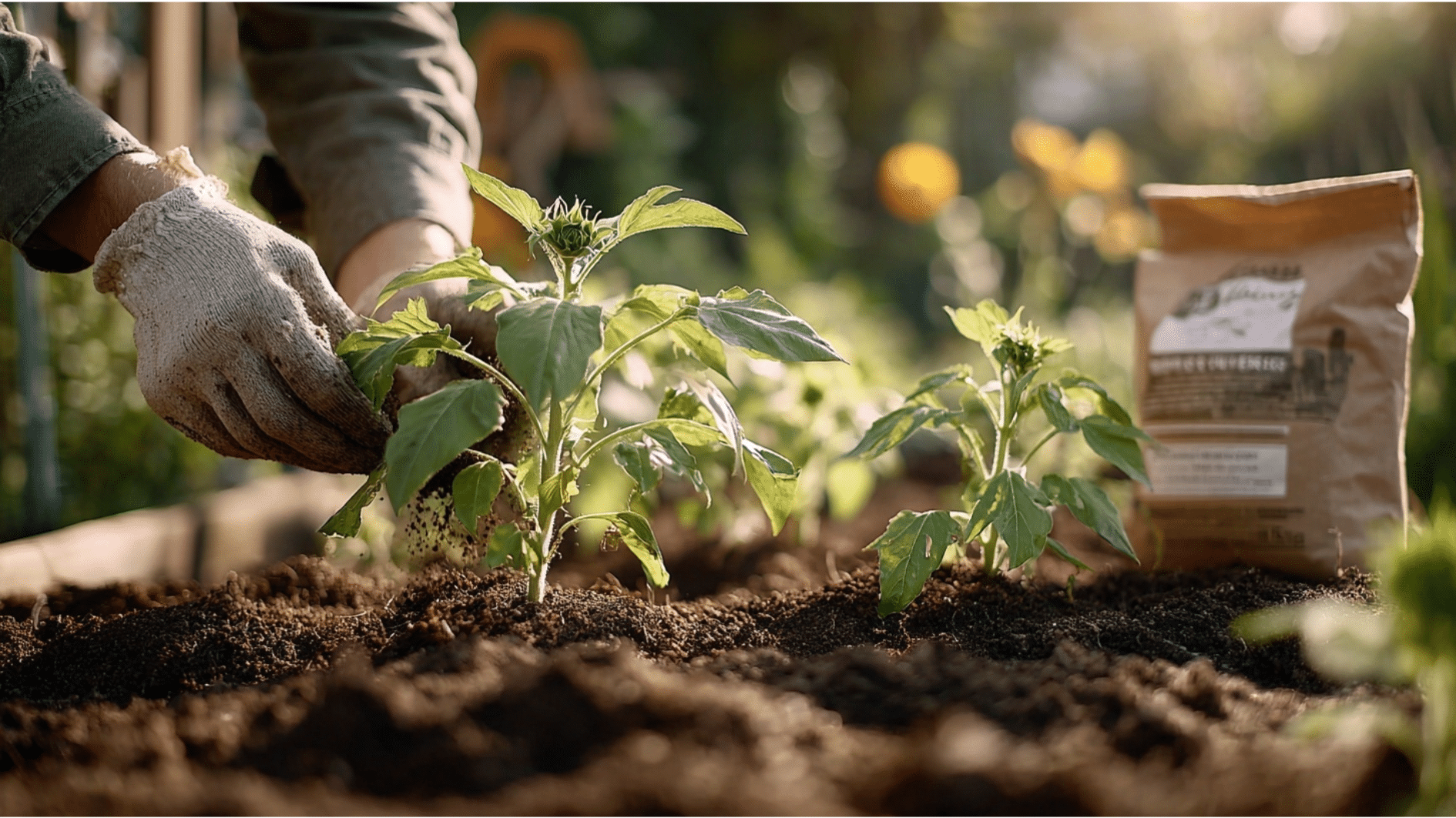 gardener feeding young sunflower plants with fertilizer during early growth stage
