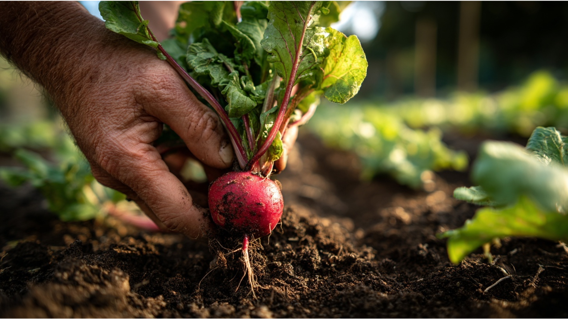 gardener hands gripping a red radish at the base of the leaves pulling it from loose dark garden soil