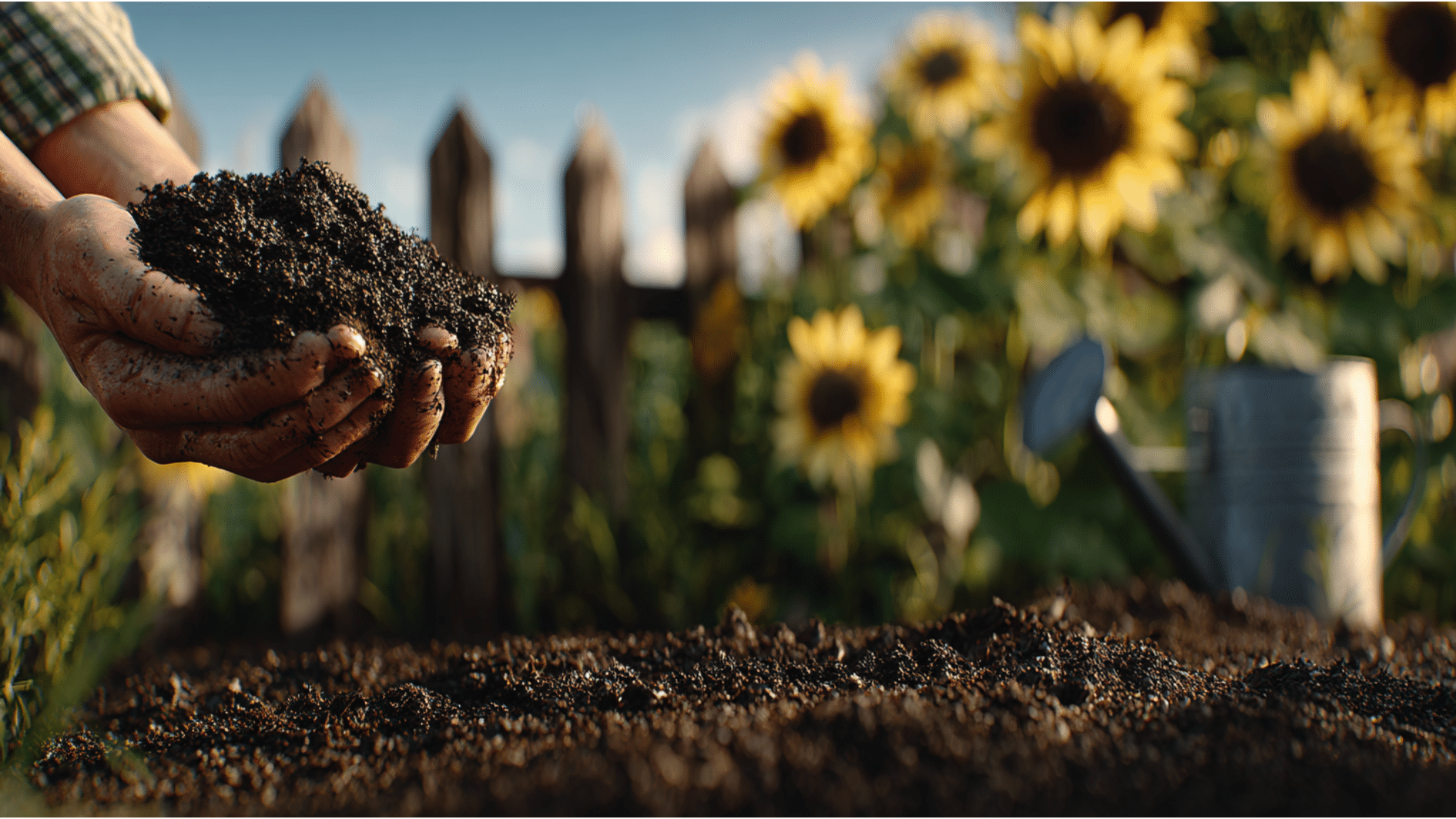 gardener holding warm garden soil before planting sunflower seeds