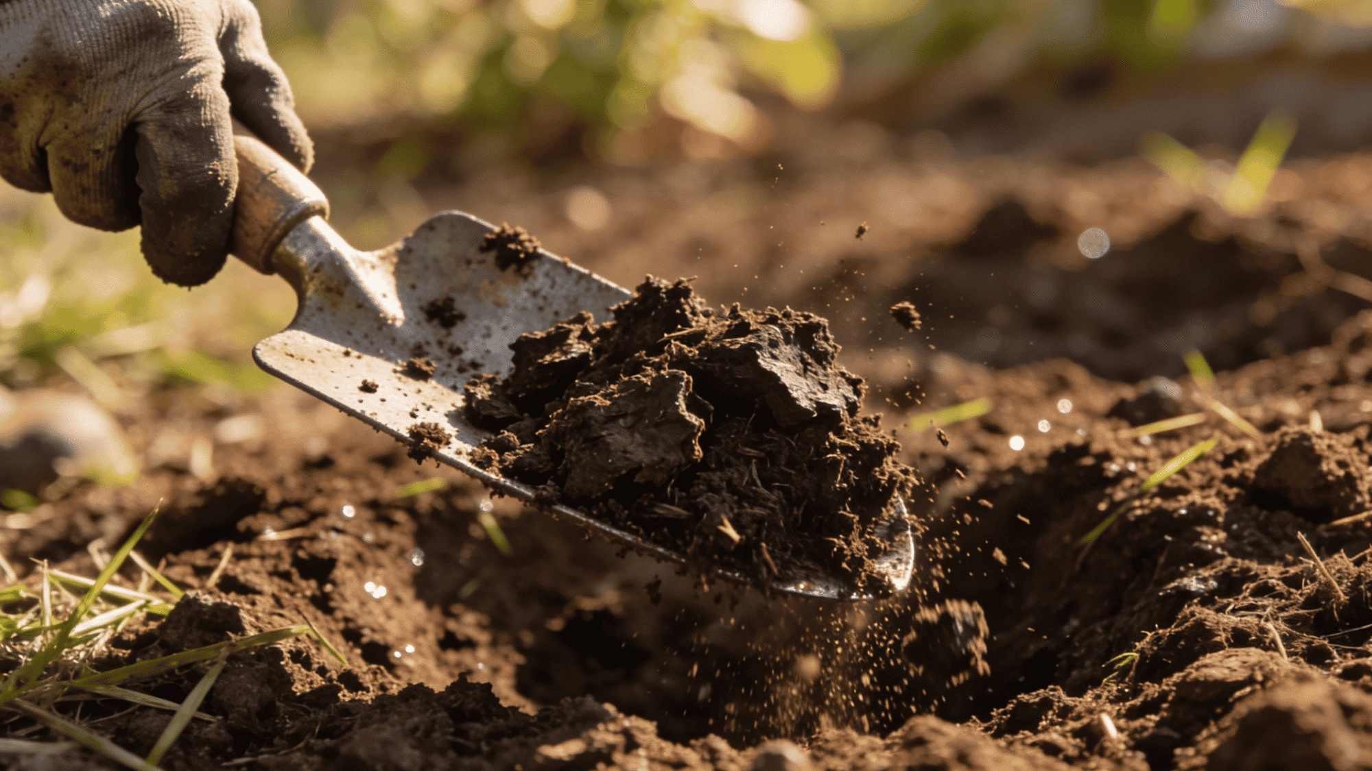 gardener mixing compost into dark garden soil with a trowel to prepare for raspberry planting