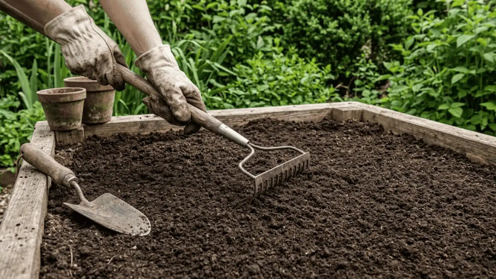 gardener raking loose dark soil smooth in a wooden raised garden bed in morning light
