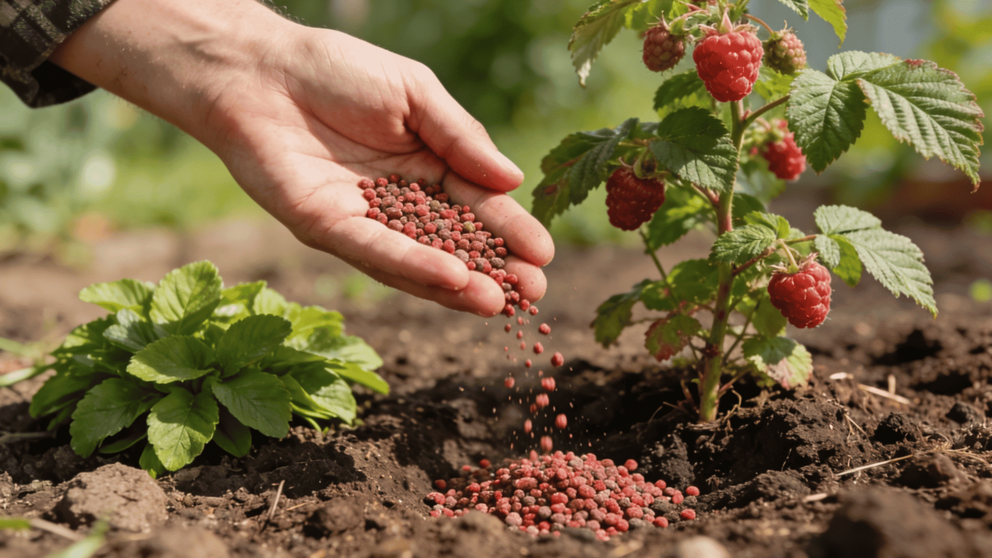 gardener sprinkling granular berry fertilizer around raspberry plant base in an outdoor garden bed
