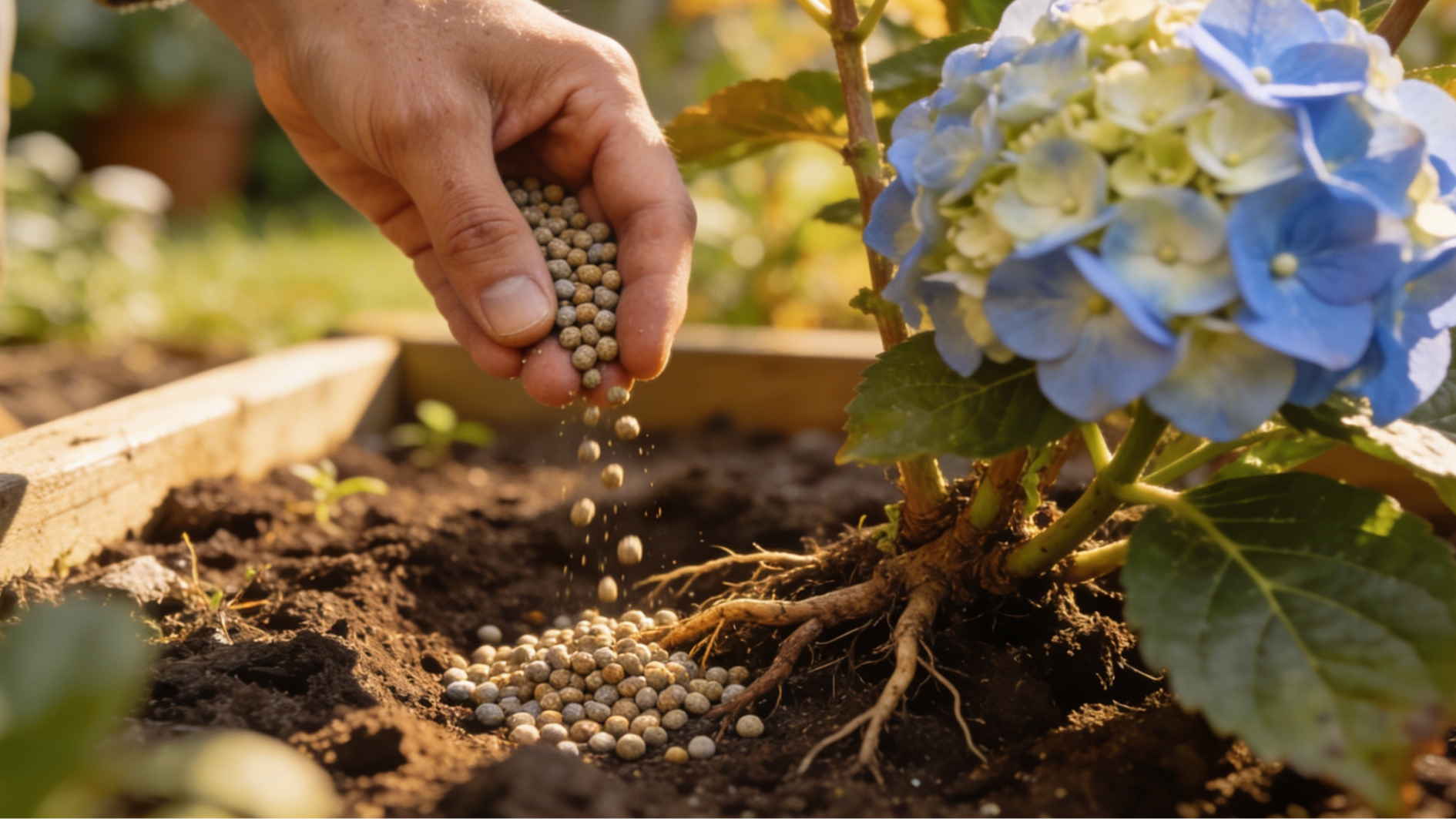 gardener sprinkling slow-release fertilizer around the base of a hydrangea plant in a garden